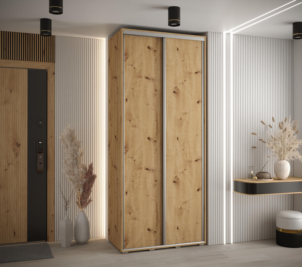 SCHWEBETÜRENSCHRANK 235,2/110/45 2-türig - Silberfarben/Eiche Artisan, Holz/Metall (110/235/45cm) - Abiks Möbel