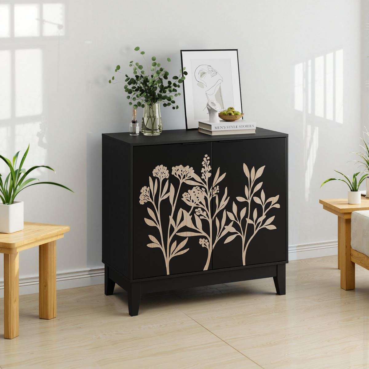 KOMODA 80 cm černá z MDF, s vyřezávaným dekorem a úložným prostorem - černá, kompozitní dřevo (80/76/38cm) - BEAOK
