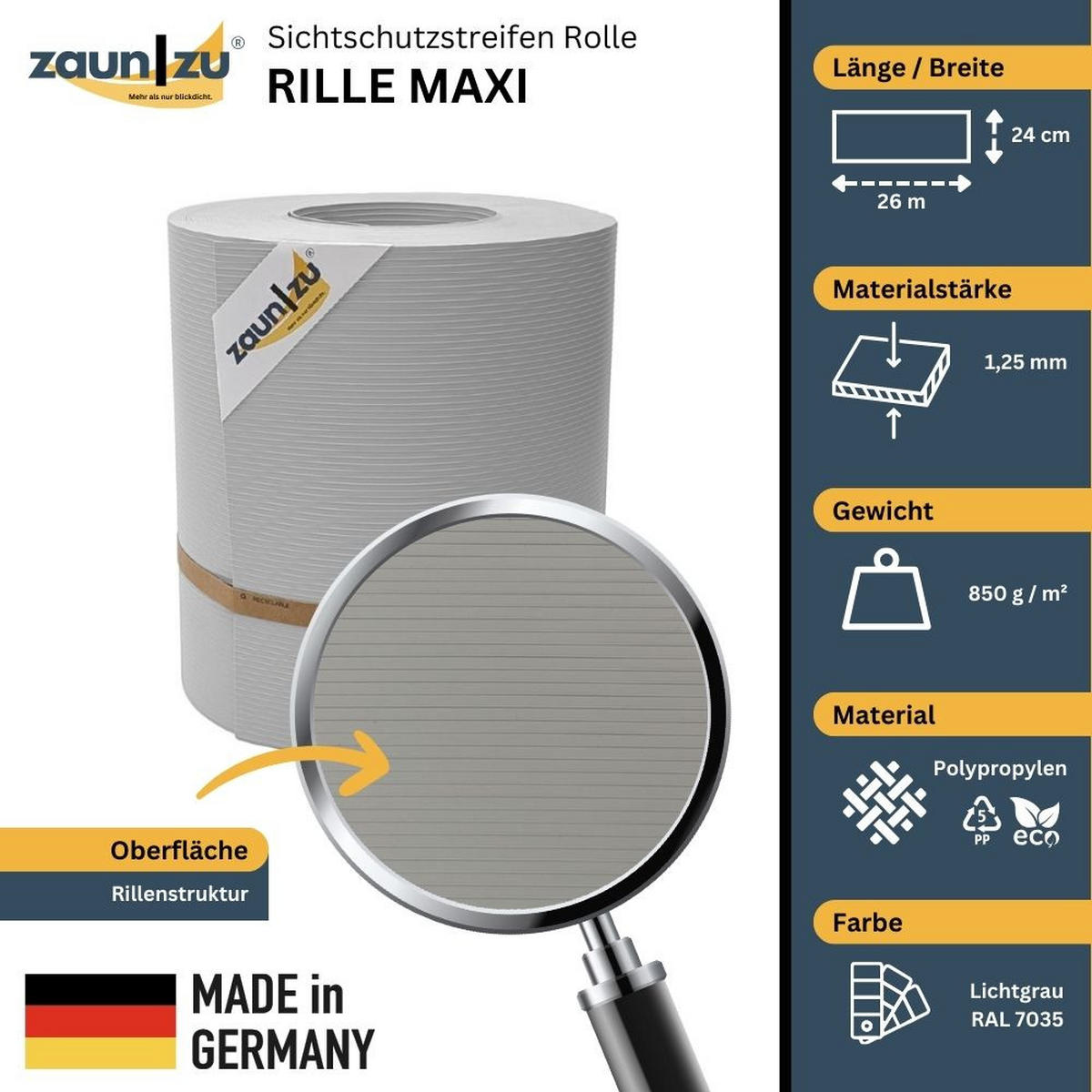 SICHTSCHUTZSTREIFEN Rille Maxi Rolle für Doppelstabmatten 24cm hoch Lichtgrau 26m - Hellgrau, Kunststoff (2600/24cm) - ZAUN|ZU
