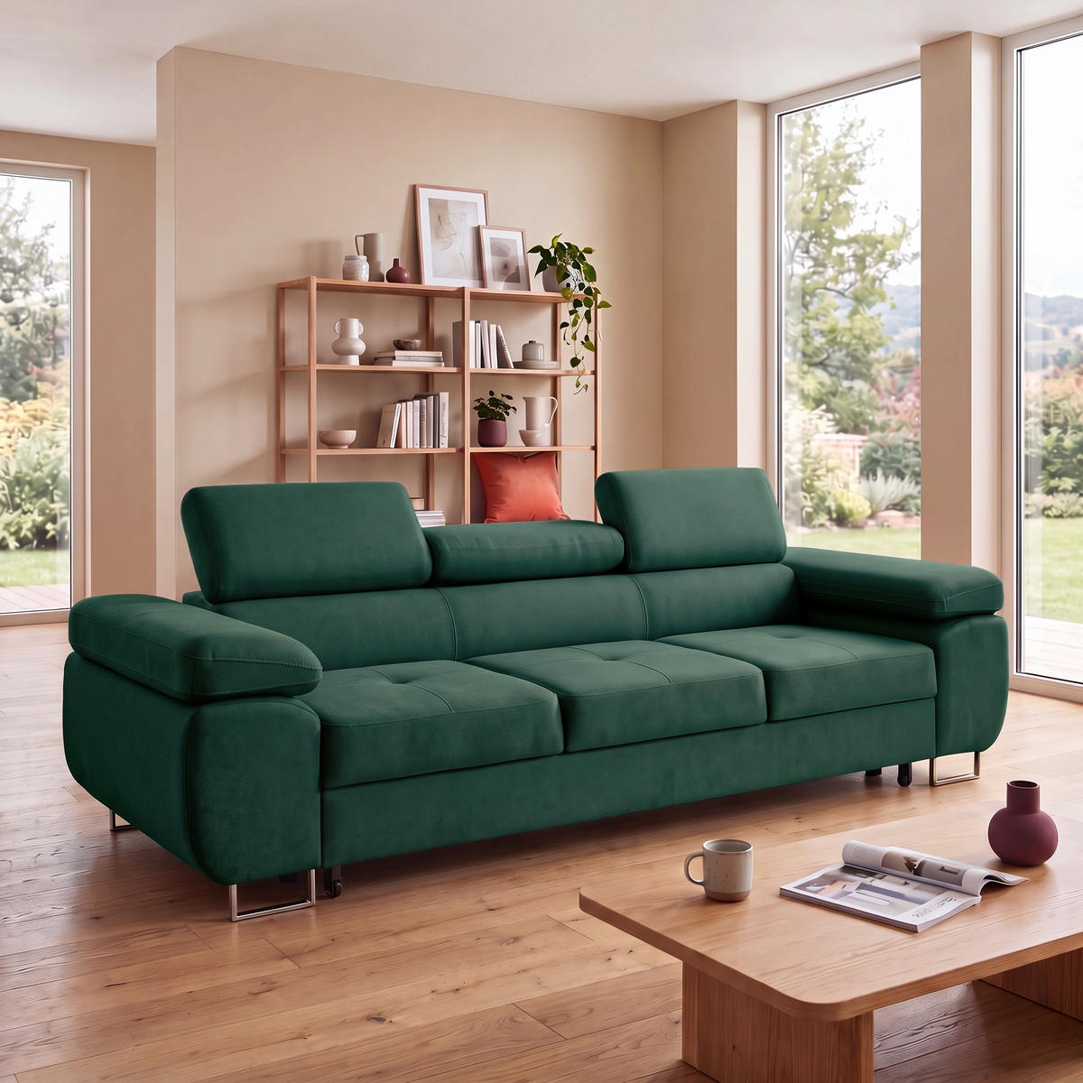 3-SITZER-SOFA WILD mit Schlaffunktion 127x190 Velours Dunkelgrün - Chromfarben/Dunkelgrün, Holz/Textil (262/90/102cm) - Muffo