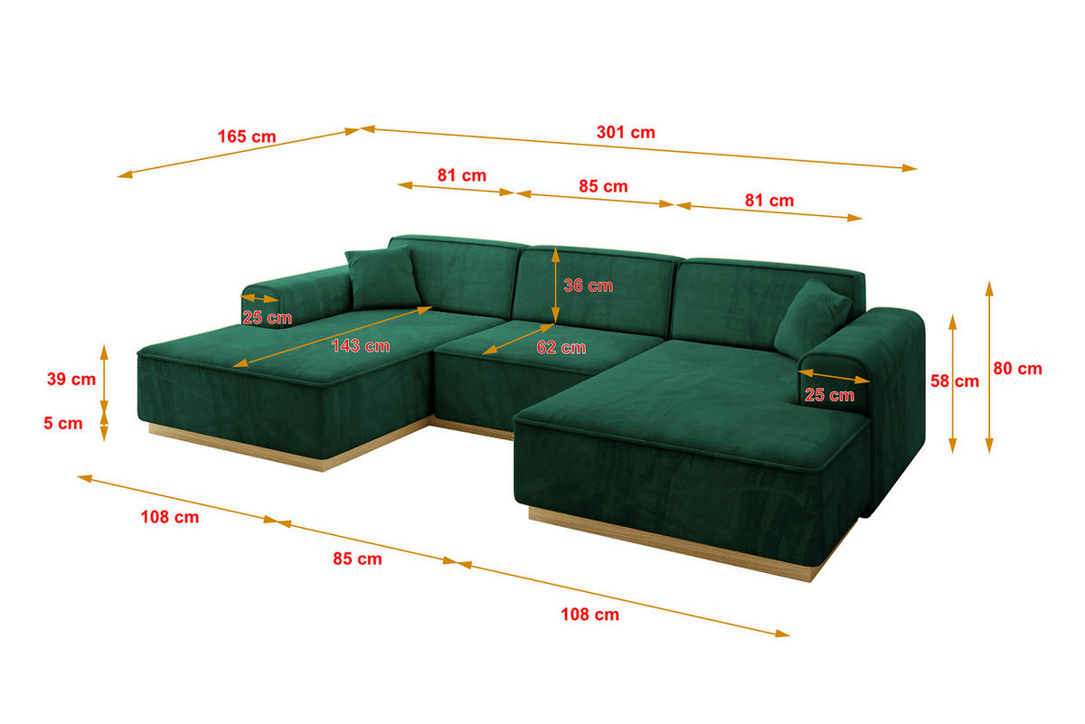 WOHNLANDSCHAFT IREA-U1-v2 - 301x165x80 cm Grün - Dunkelgrün, Holzwerkstoff/Textil (301/80/165cm) - ALTDECOR