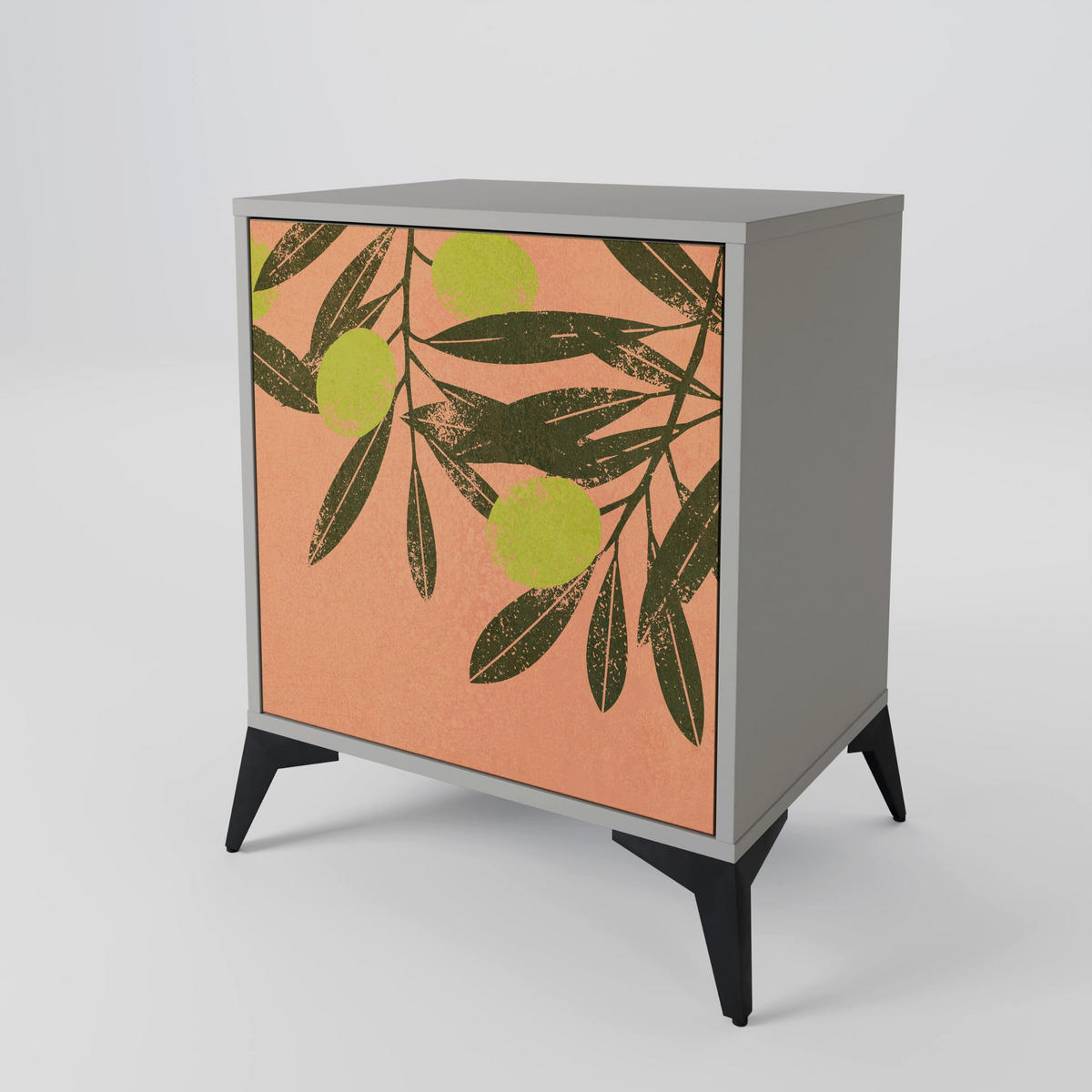 SIDEBOARD JUICY OLIVES, Grau, 57,5x42x72,5 cm, Schwarze Metallfüße - Multicolor/Schwarz, Holzwerkstoff/Metall (57.5/72.5/42cm) - SpaceRebels