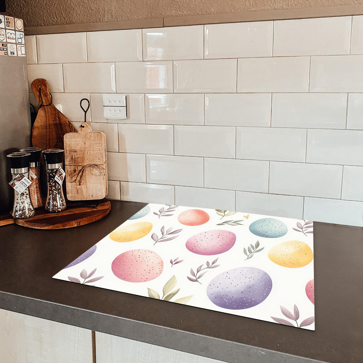 HERDABDECKPLATTE Eier - Bunt - Muster Abdeckung Ceranfeld 57.6x51.6 cm - Weiß, Kunststoff (57.6/51.6/0.2cm) - MuchoWow