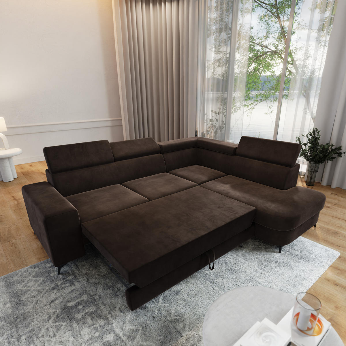 ECKSOFA ALVORO R-S Braun Velours-Stoff mit Schlaffunktion - Braun, Holz (253/190cm) - MASSENO