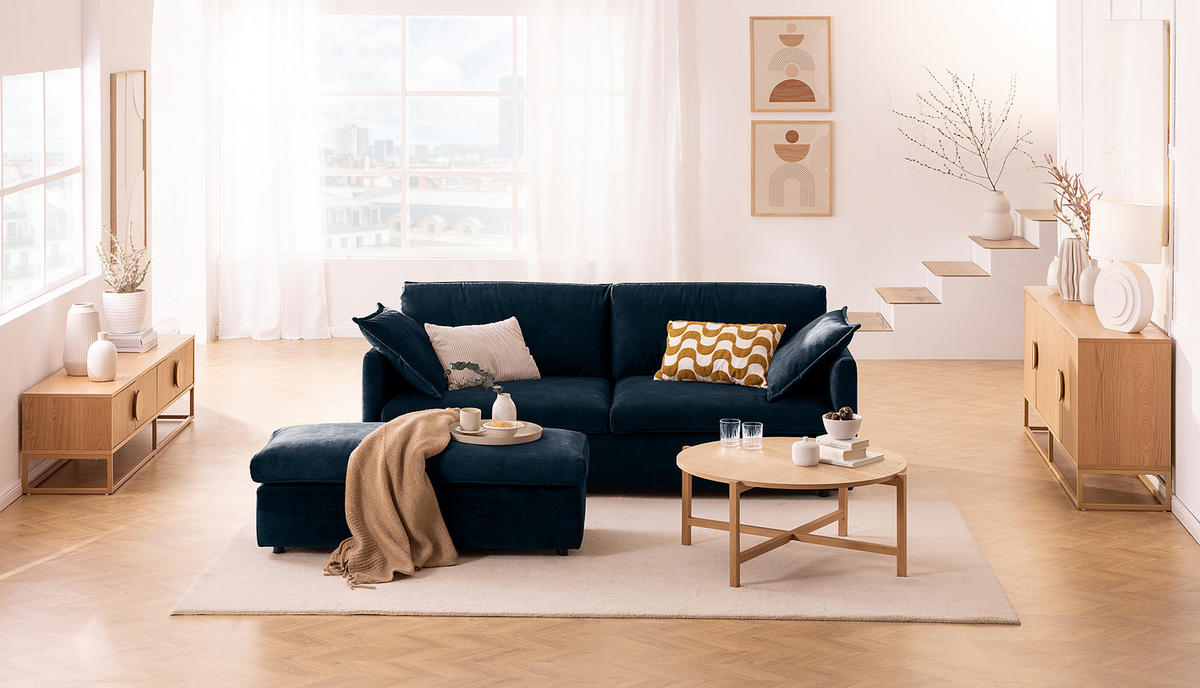 POLSTERHOCKER - Blau/Schwarz, Kunststoff/Textil (131/44/61cm) - home24