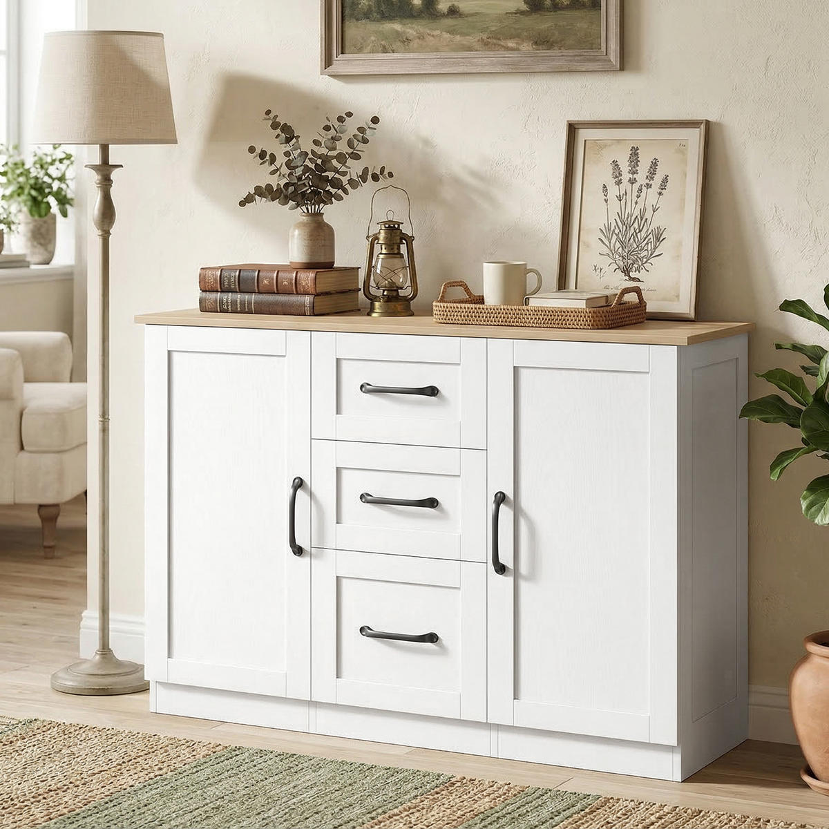 SIDEBOARD Weiß und Naturfarben, 2 Türen, 3 Schubladen, 110/35/80,4 cm - Weiß, Holz (110/80.4/35cm) - PANGIVO
