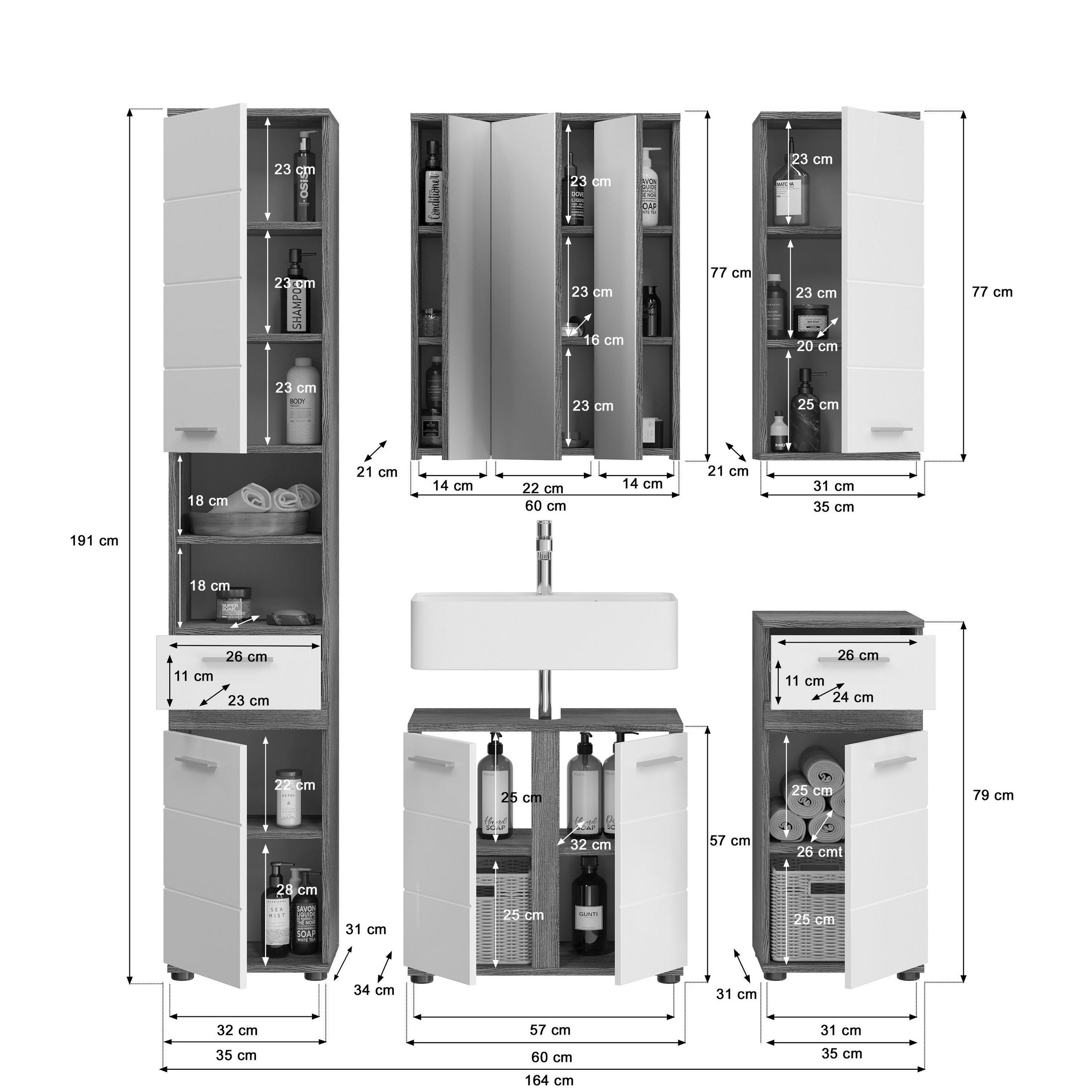 BADKOMBINATION 5tlg. inkl. Beleuchtung Blake Bad in Rauchsilber Nb. und weiß HG B/H/T: 164x191x34 cm - Anthrazit, Holz (164/191/34cm)