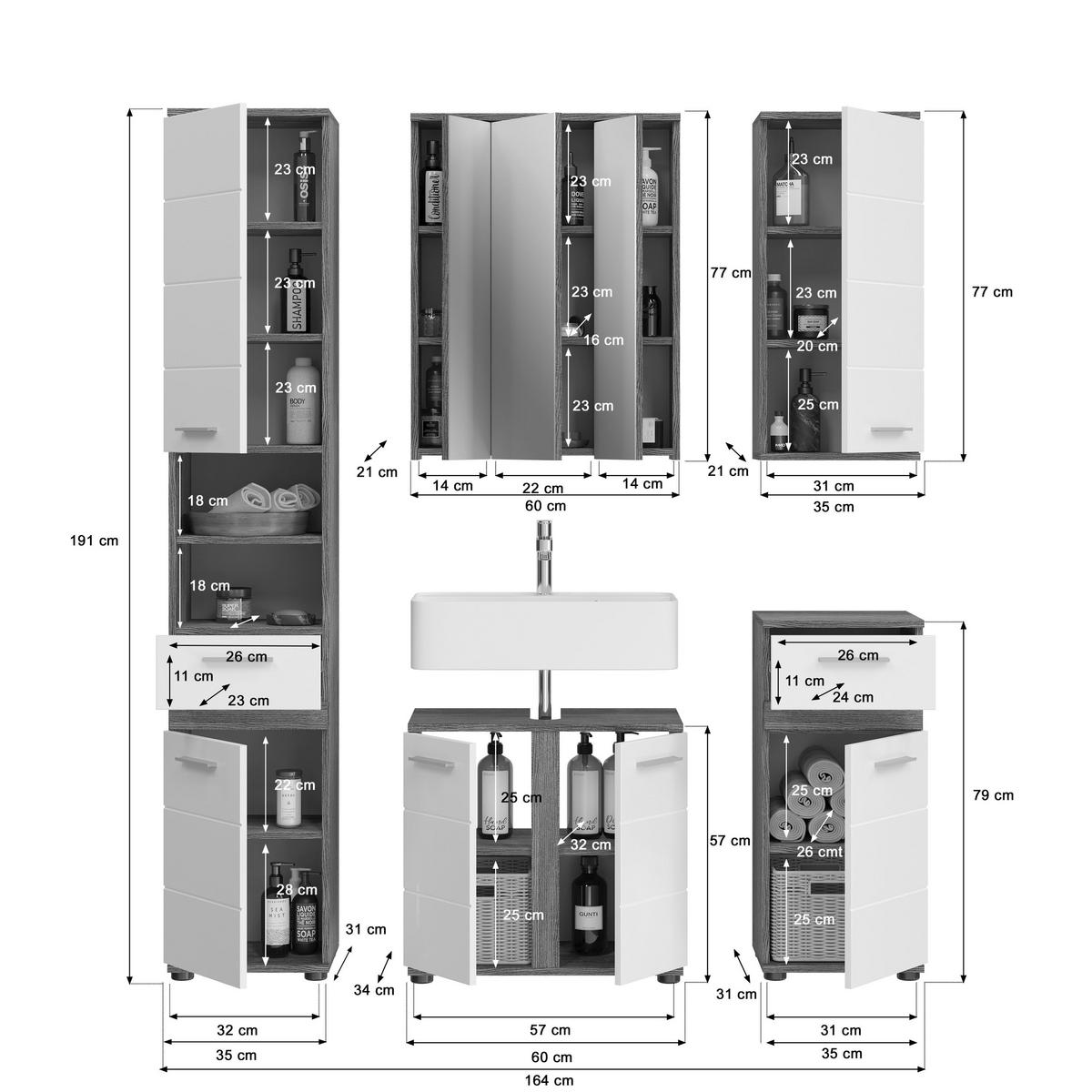 BADKOMBINATION 5tlg. inkl. Beleuchtung Blake Bad in Rauchsilber Nb. und weiß HG B/H/T: 164x191x34 cm - Anthrazit, Holz (164/191/34cm)