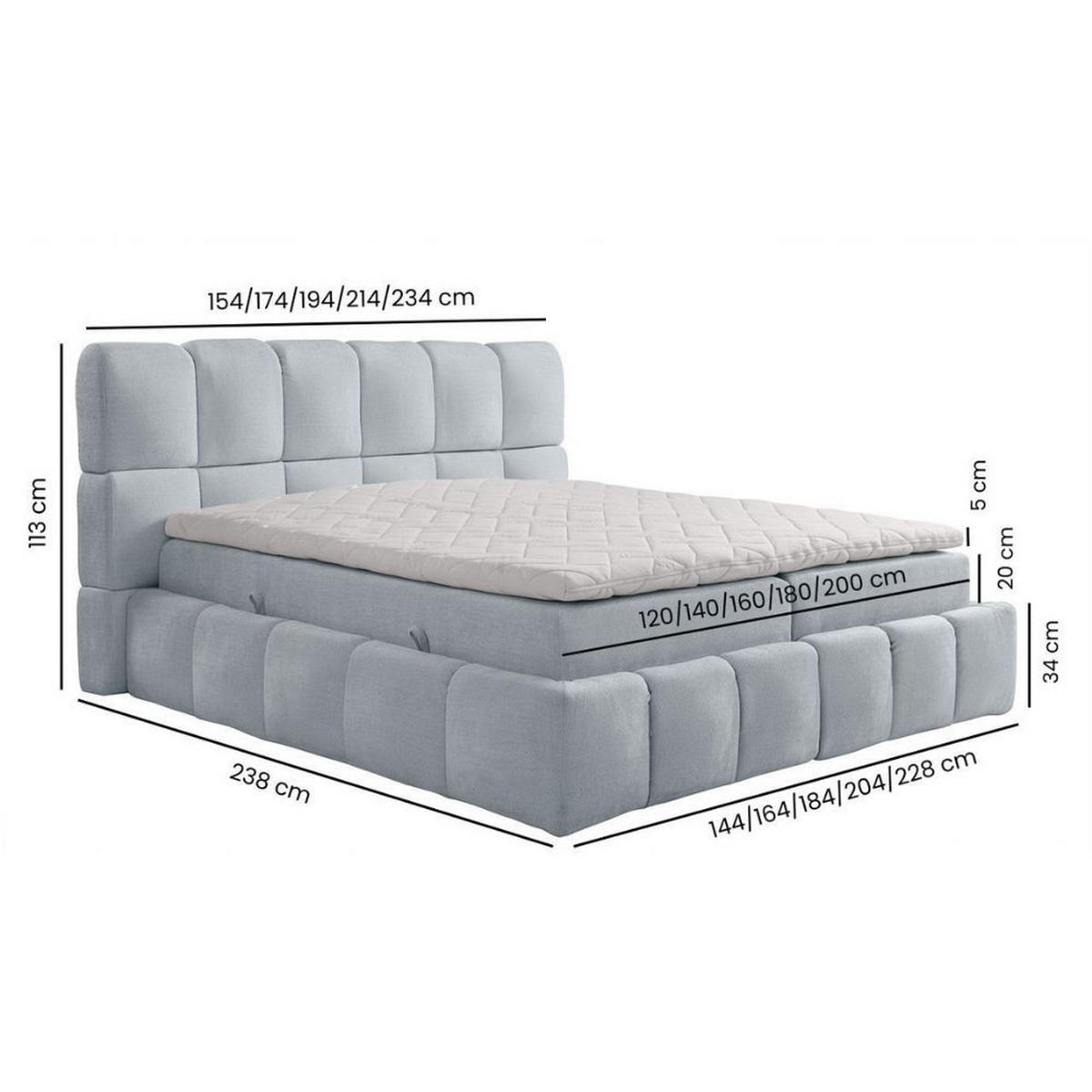 BOXBETT Anna mit Taschenfederkernmatratze und Topper, 180x200, Grau, Terra-Stoff - Grau, Holzwerkstoff/Kunststoff (180/200cm) - AN-Moebel 4u