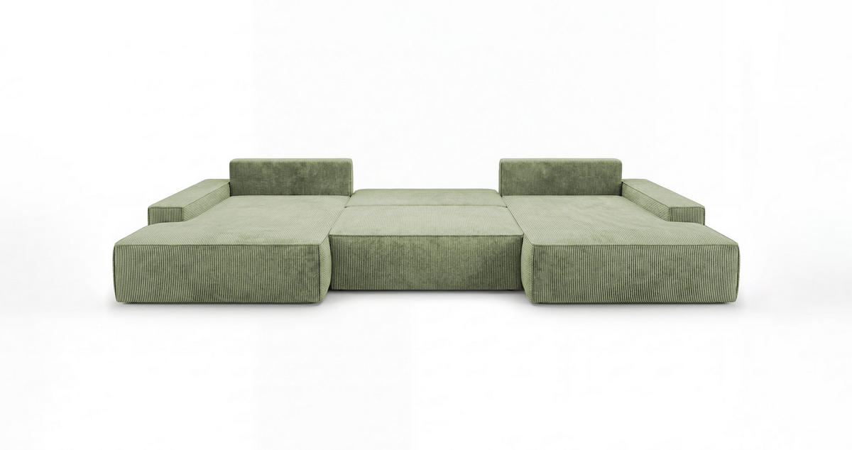 WOHNLANDSCHAFT VERONA U-Form hellgrün Cord Poso 47 - Schlaffunktion, Bettkasten - Hellgrün, Textil (385/86/185cm) - Cornero