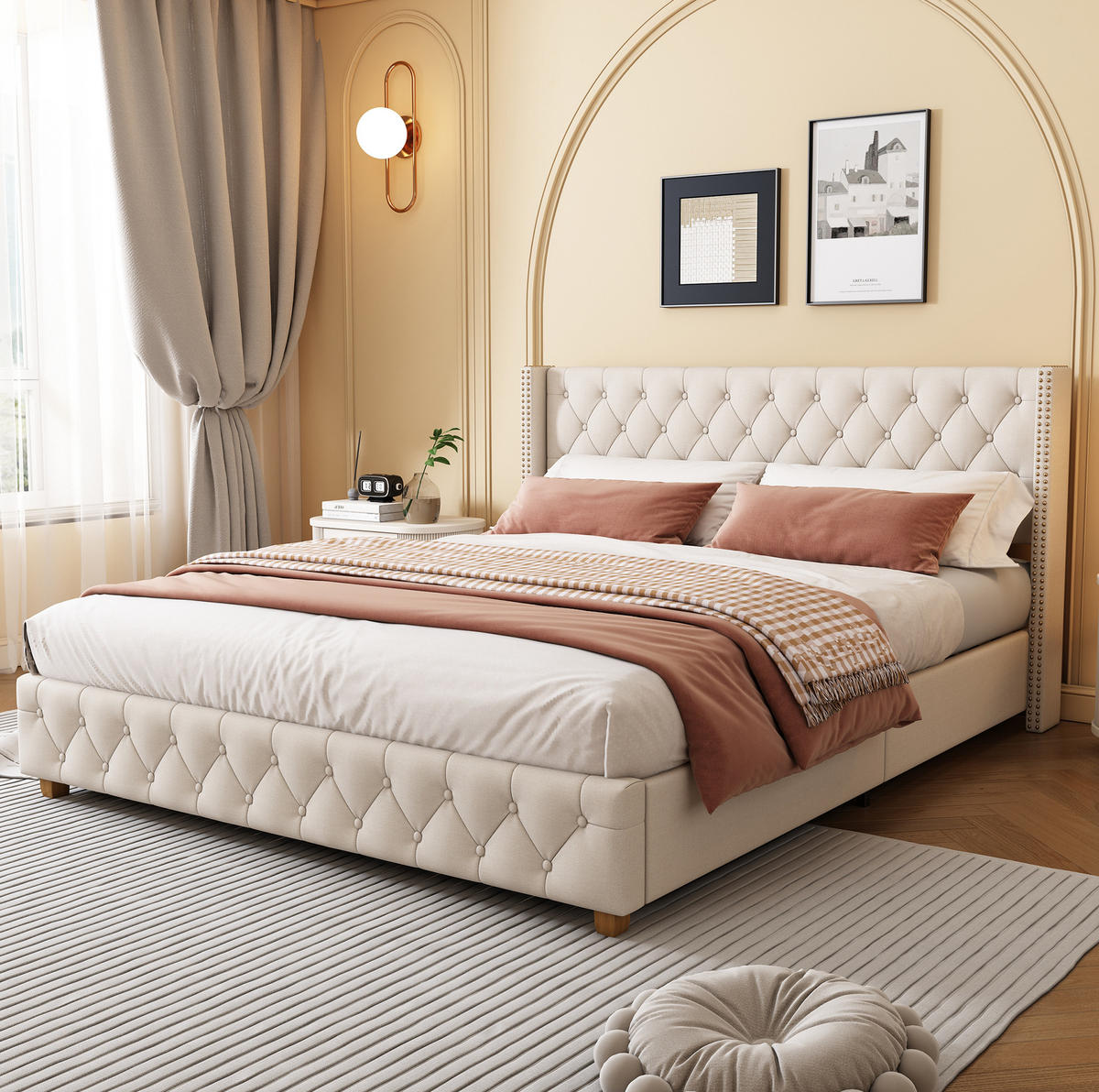 POLSTERBETT 180/200 cm Beige mit Lattenrost und Nietenverzierungen - Weiß, Textil (180/200cm) - OKWISH