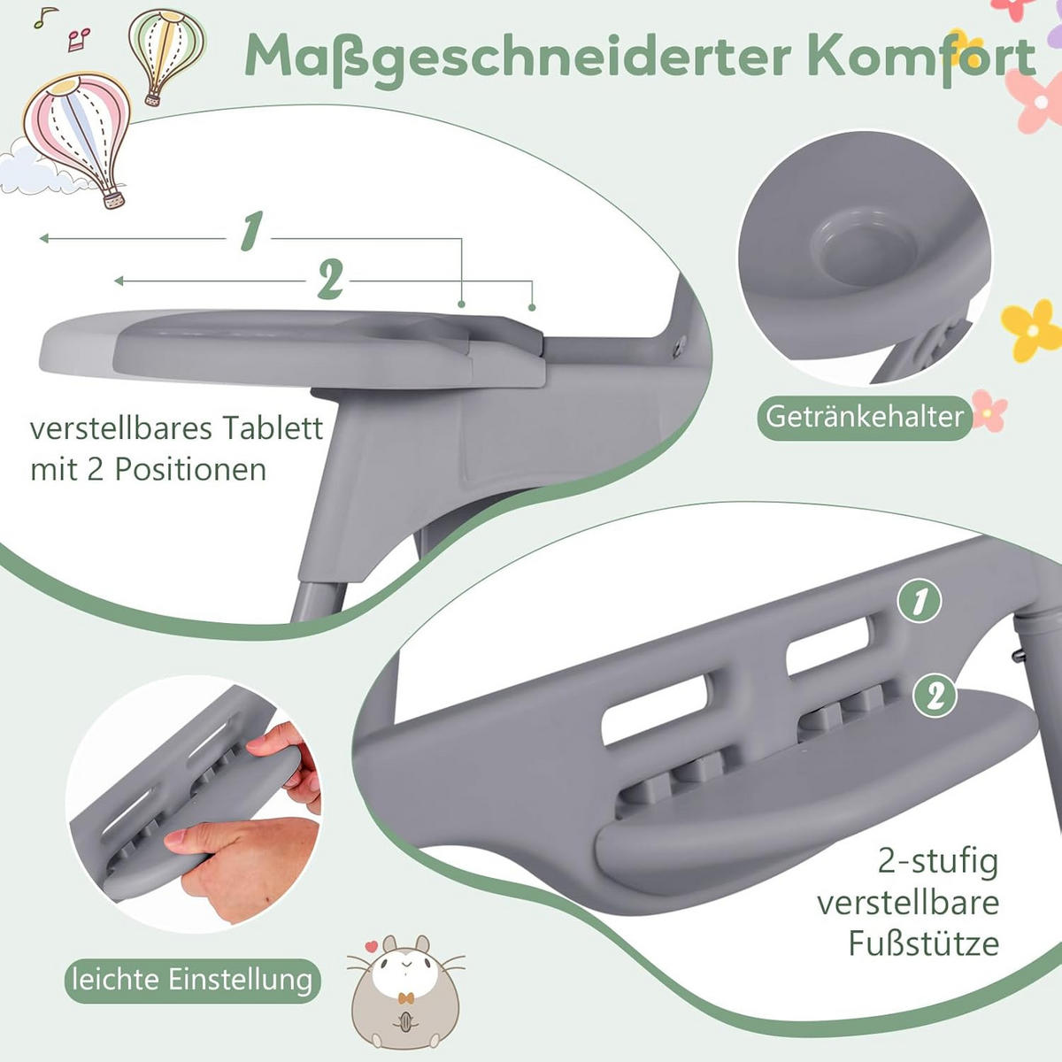 BABYHOCHSTUHL Grau - Grau, Kunststoff (61.5/87/66cm) - COSTWAY