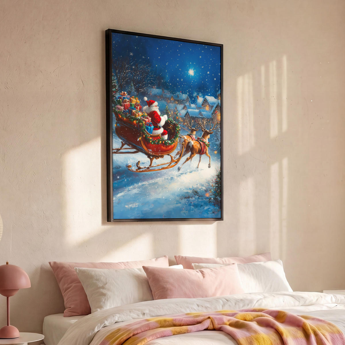 LEINWAND Bilder mit Rahmen - Weihnachtsmann - Rentier - Weihnachten - Schnee - 100x150 - Cognac, Textil (100/150cm) - MuchoWow