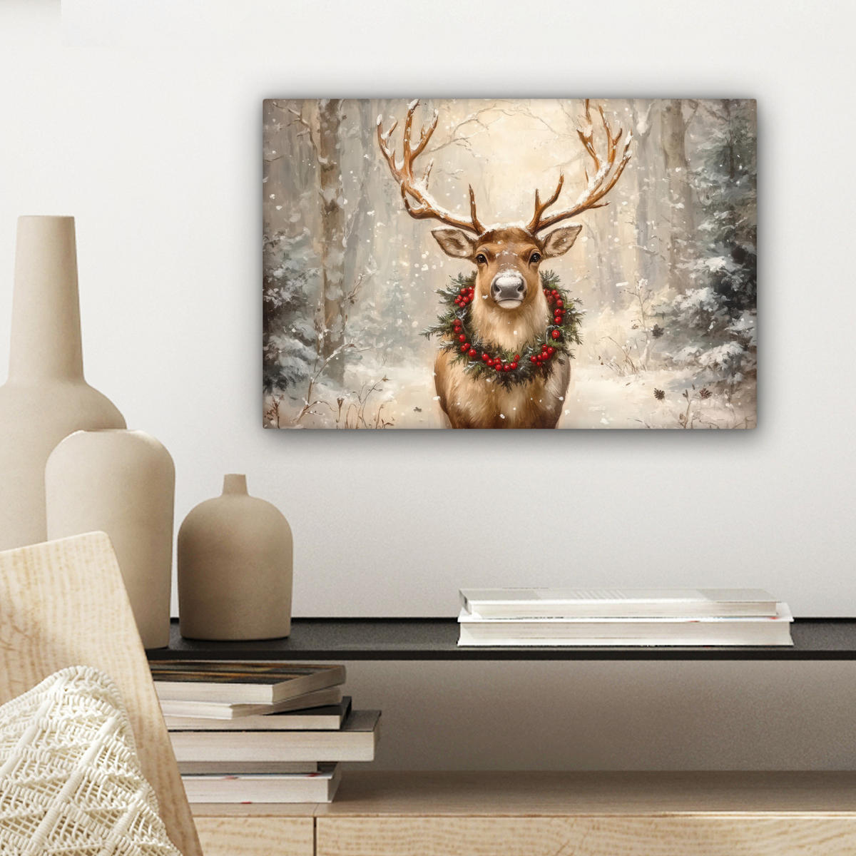 LEINWANDBILD Weihnachten - Rentier - Winter - Kranz Deko Schlafzimmer 30x20 cm - Braun, Textil (30/20cm) - MuchoWow