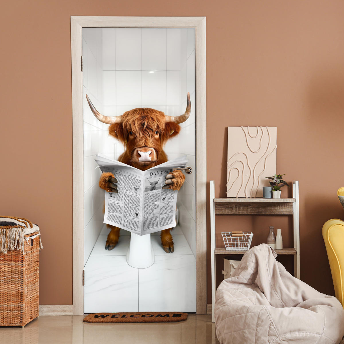TÜRAUFKLEBER Scottish Highlander - Zeitung - WC - Tier 80x215 cm - Türtapete - Weiß, Kunststoff (80/0.1cm) - MuchoWow