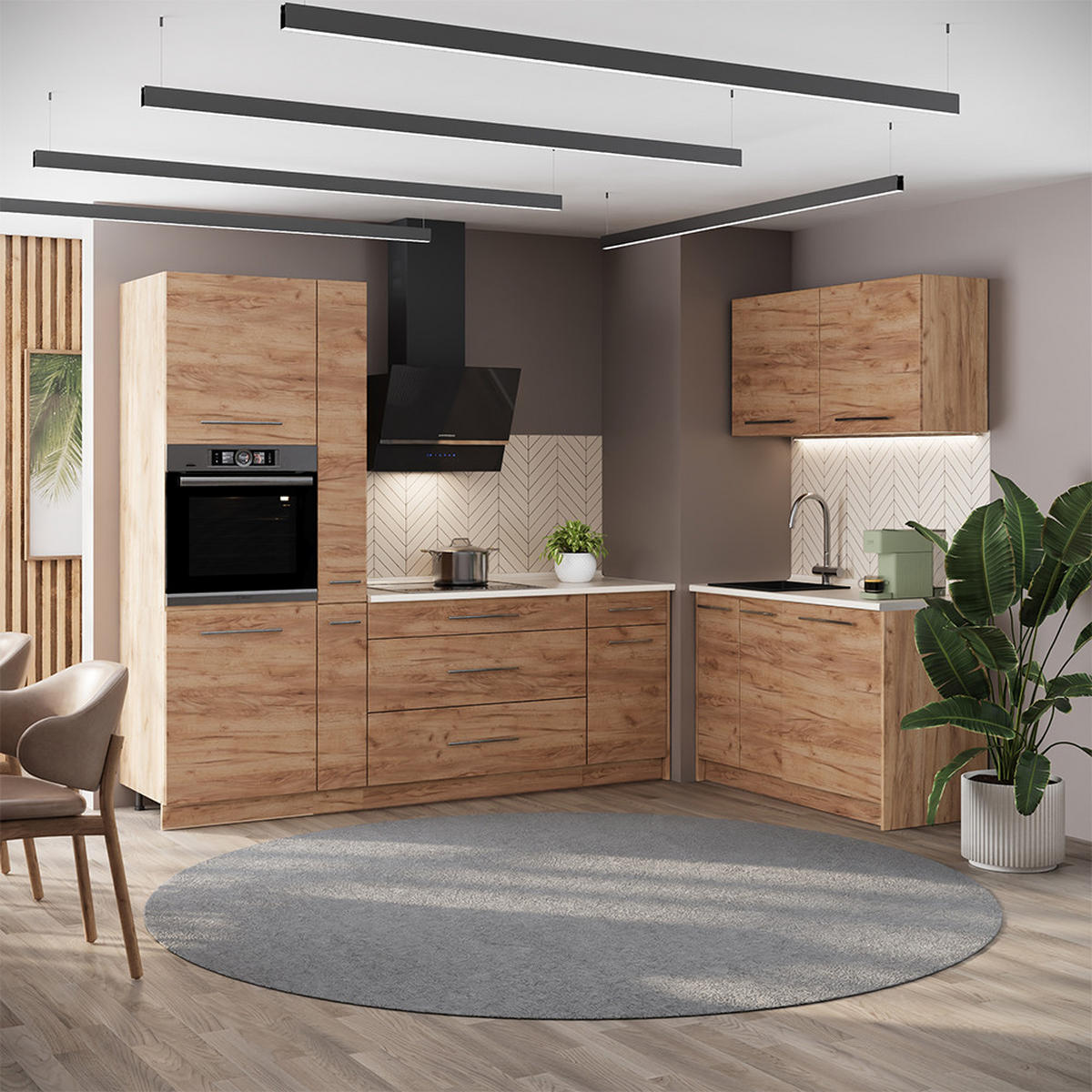 KÜCHENZEILE Fame-Line, Goldkraft Eiche/Goldkraft Eiche, 220 x 120 cm, AP Anthrazit - Honigeiche, Holzwerkstoff (220/206.8/60cm) - Vicco