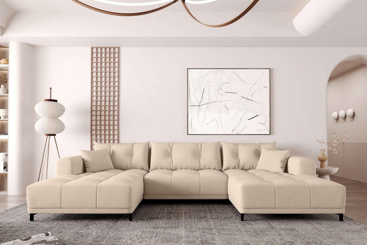 WOHNLANDSCHAFT Strukturstoff Beige inkl. Schlaffunktion - Beige/Schwarz, Textil/Metall (348/94/181cm) - 99rooms