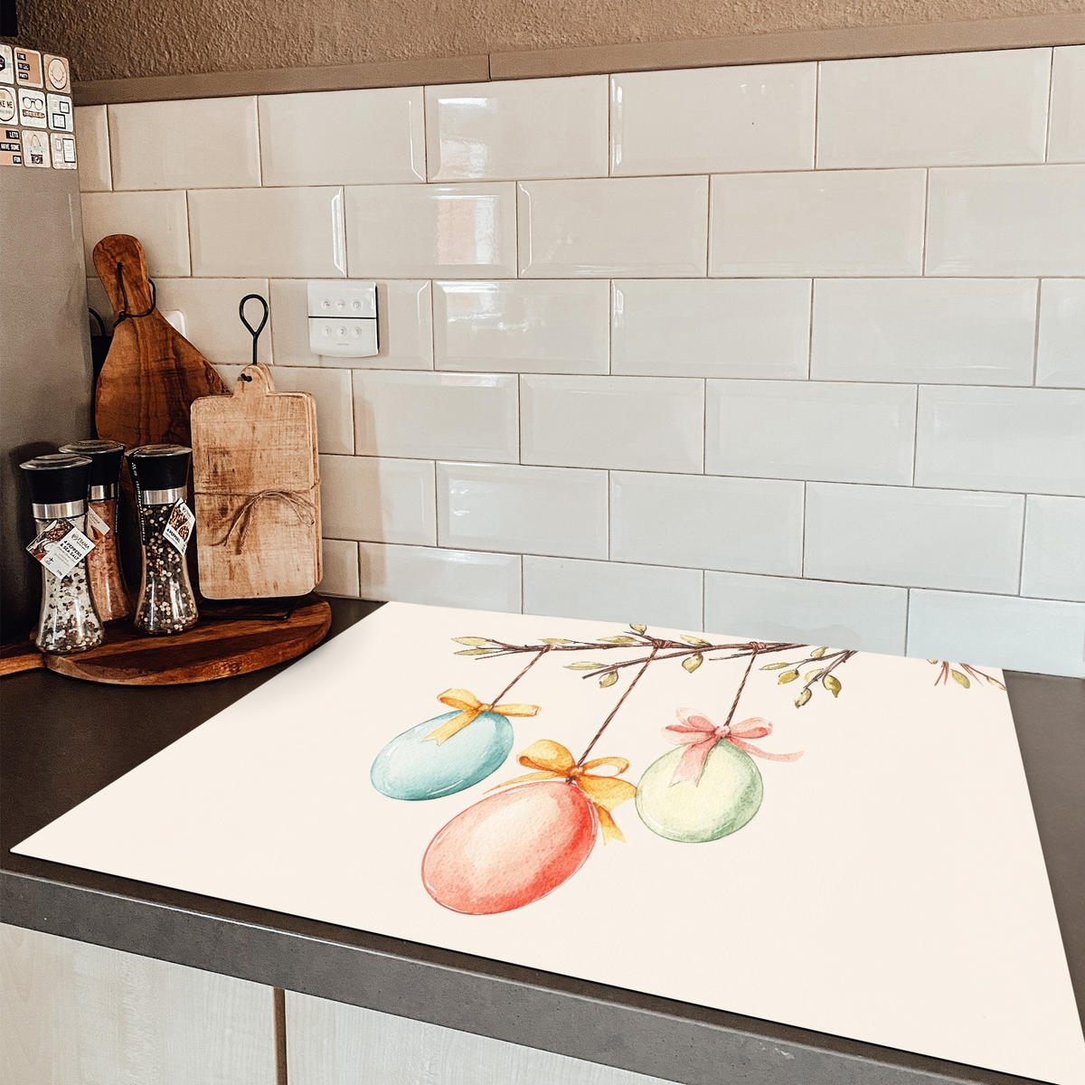 HERDABDECKPLATTE Osterkuchen - Schleife - Eier Induktionsmatte 77x59 cm - Creme, Kunststoff (77/59/0.2cm) - MuchoWow