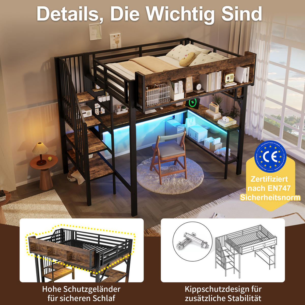 HOCHBETT 140/200 cm aus MDF und Eisen mit Eckschreibtisch und Stauraum Vintage Braun-Schwarz - Schwarz, Holz (140/200cm) - Modenvie