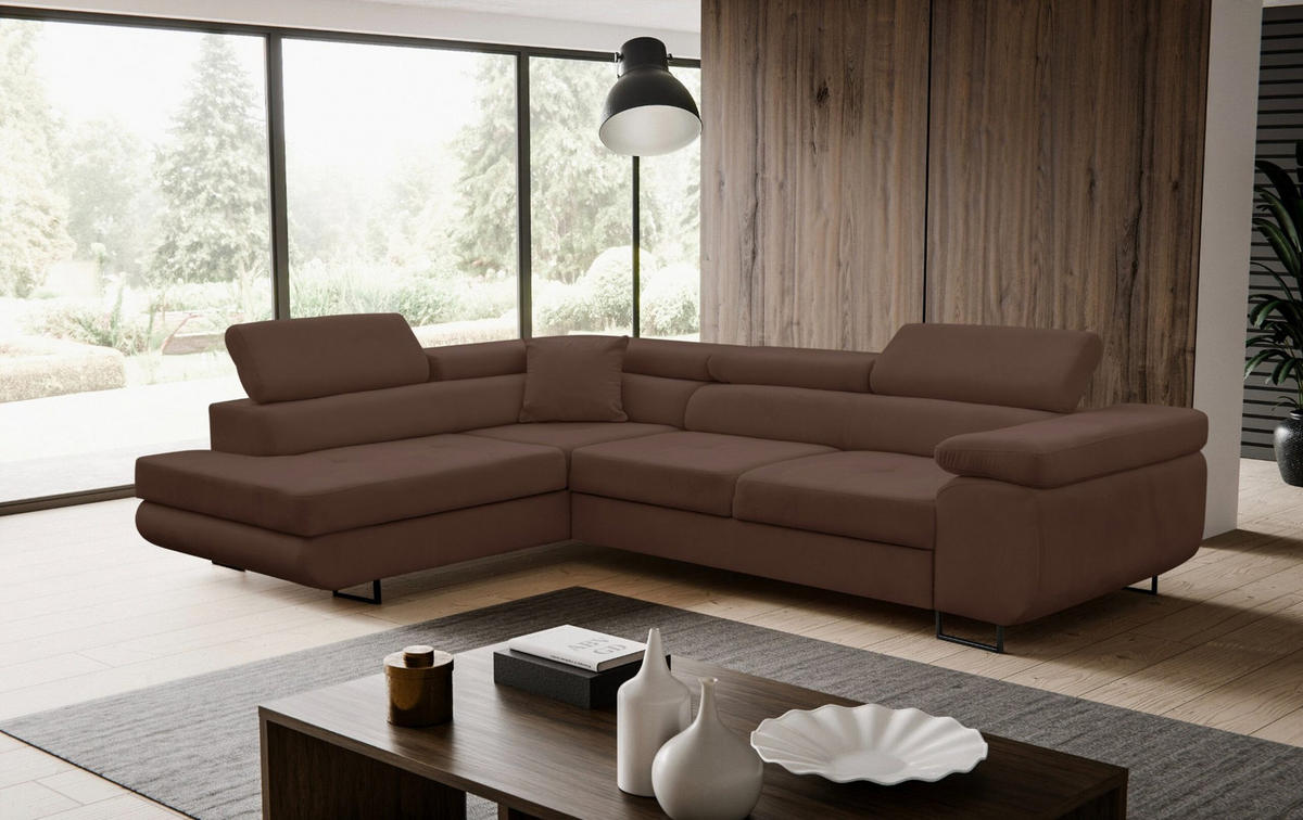 ECKSOFA Jerry in L-Form mit Schlaffunktion und Bettkasten, Farbe: Braun, Veloursstoff, Ottomane Links - Braun, Textil (202/275cm) - VENASI MÖBEL