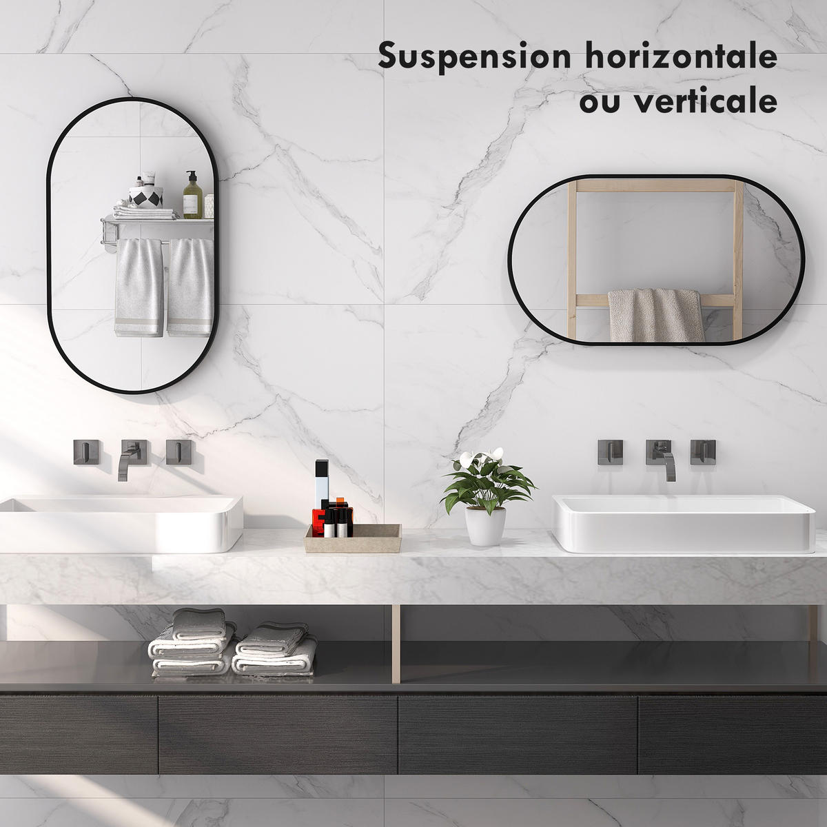 BADEZIMMERSPIEGEL Ovaler Wandspiegel, mit 3 Haken, 40 x 70 cm ,schwarz - Schwarz, Glas (3/70/40cm) - Vallsero