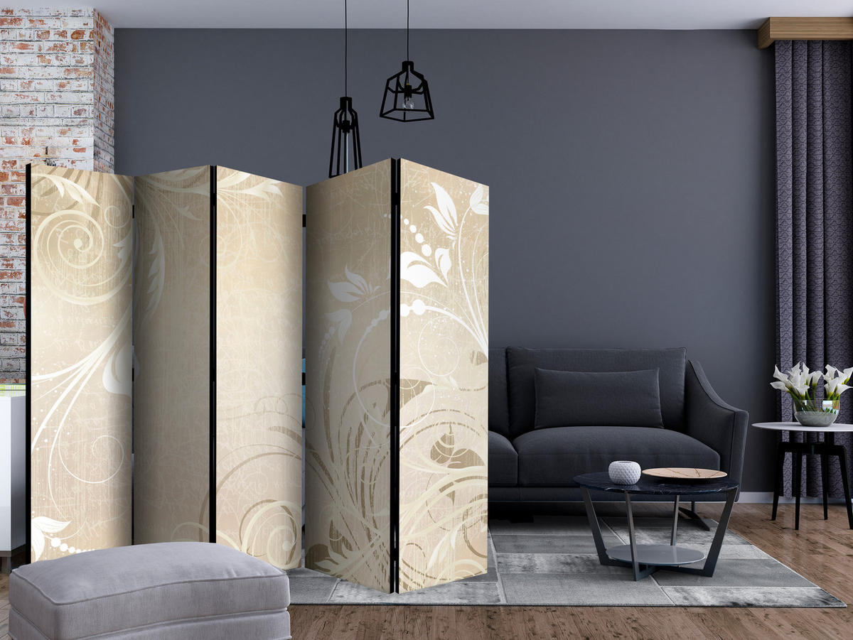 PARAVÁN Obojstranný 5-Dielny 225x172 cm Ornamenty - béžová, drevo/textil (225/172/3cm) - Muralo