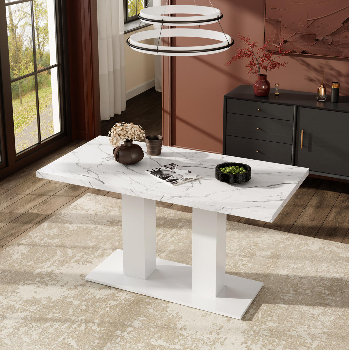 JÍDELNÍ stůl 140/180/70 cm bílý z MDF s rozkládací deskou a dvojitou podnoží - bílá, kompozitní dřevo (180/70/75cm) - OKWISH