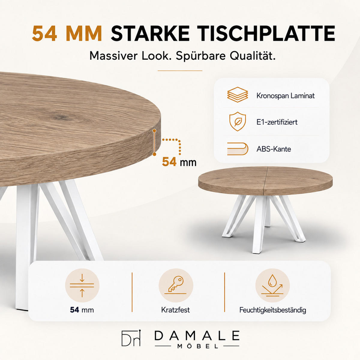 ESSTISCH rund ausziehbar 100/300/76 cm, Graubraun Eiche Halifax Egger, 54 cm Tischplatte + Industrial Metallgestell Weiß - Eichefarben/Graubraun, Holzwerkstoff/Metall (100/300/76cm) - Damale Möbel