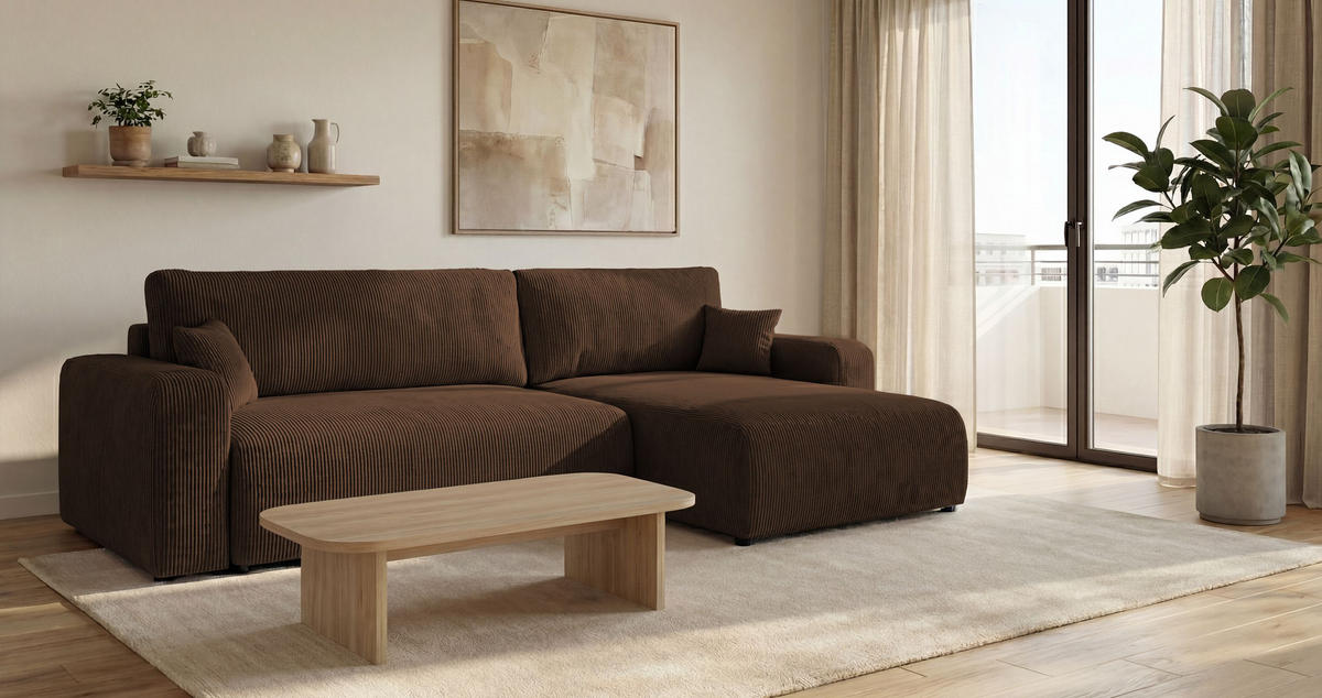 ROHOVÁ pohovka BERLIN pravá hnědá manšestr Poso 6 - funkce spaní, úložný prostor - hnědá, textil (285/184cm) - Cornero