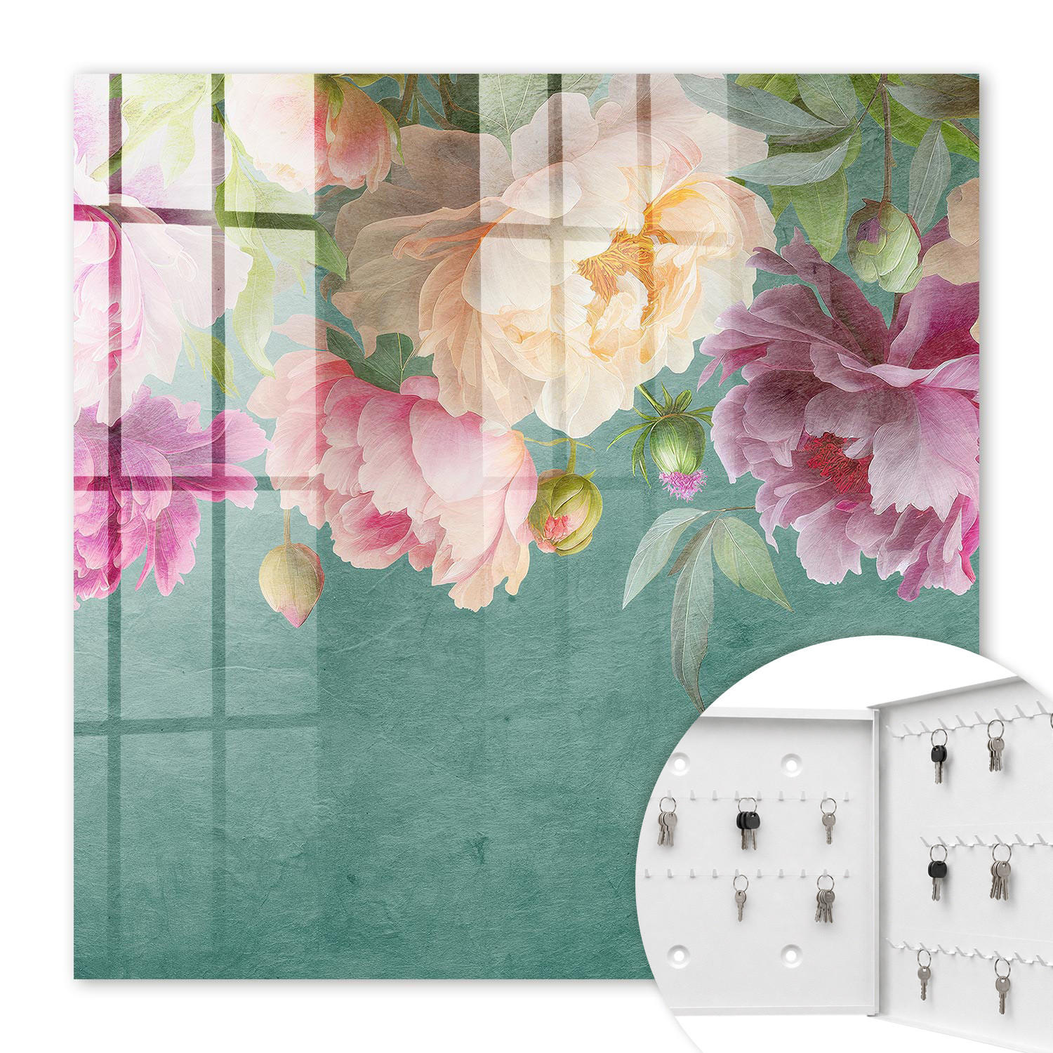 SCHLÜSSELBOX Weiß 30x30 cm – Türöffnung nach rechts - Florale Eleganz - Grün, Metall (30/30/5cm) - TULUP