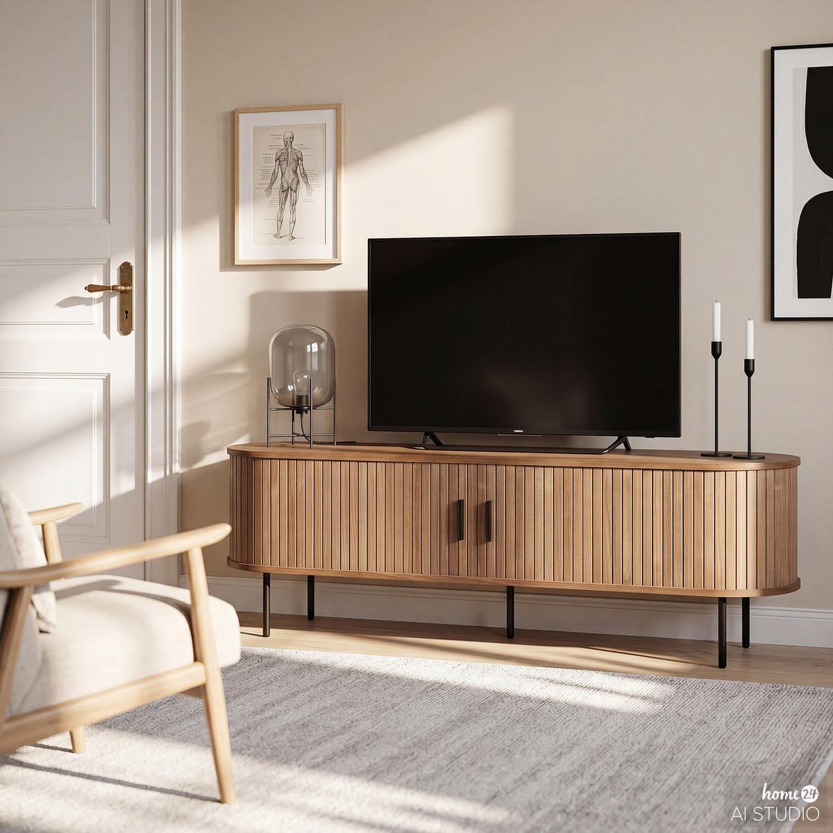 TV-LOWBOARD - MDF / Metall - Eiche - Walnussfarben/Schwarz, Holzwerkstoff/Metall (150/55/40cm) - home24