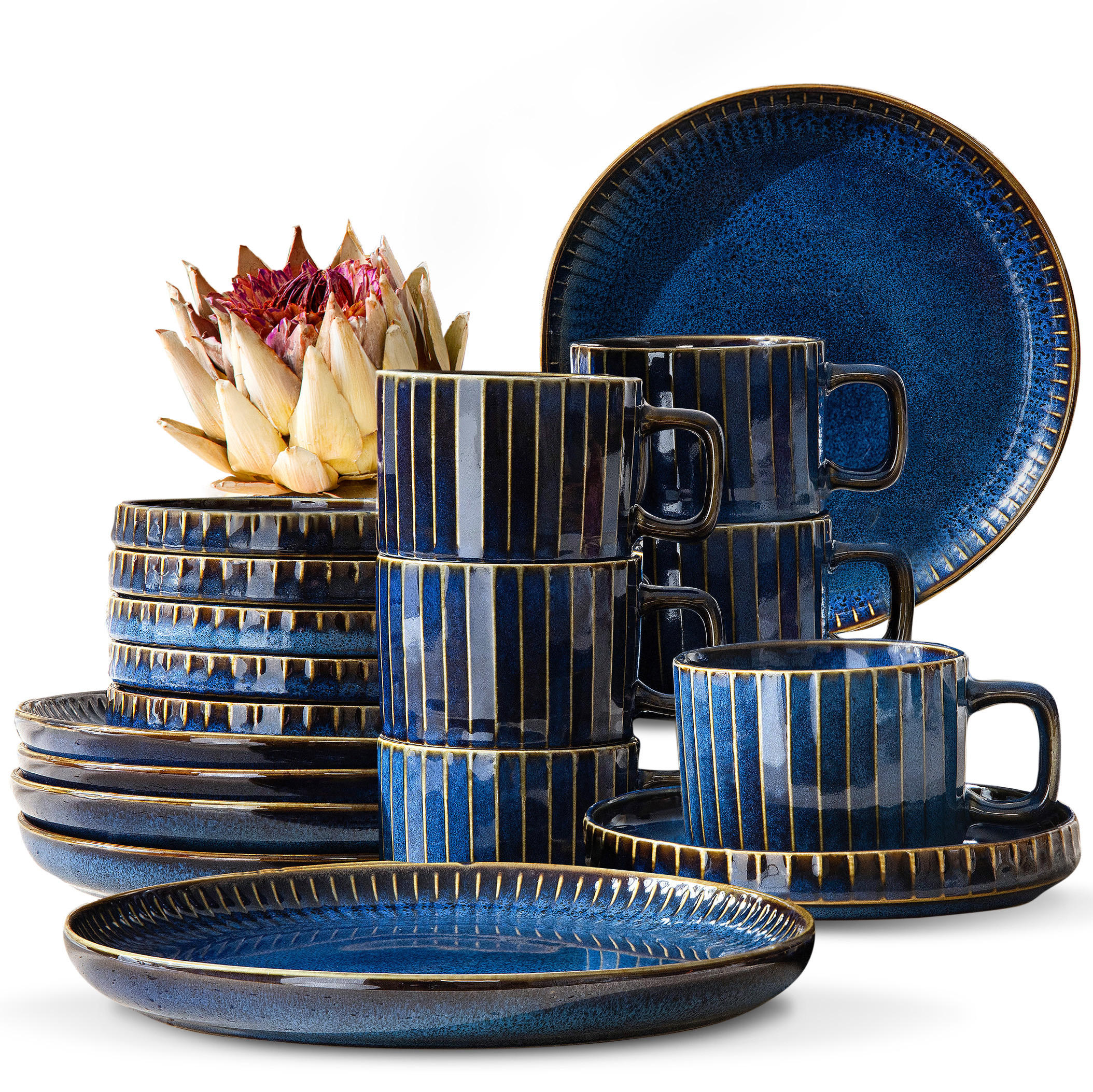KAFFEESERVICE AD STRIPES 6 PERSONEN, 18-tlg - Dunkelblau, Keramik (14/6/14cm) - KONSIMO®