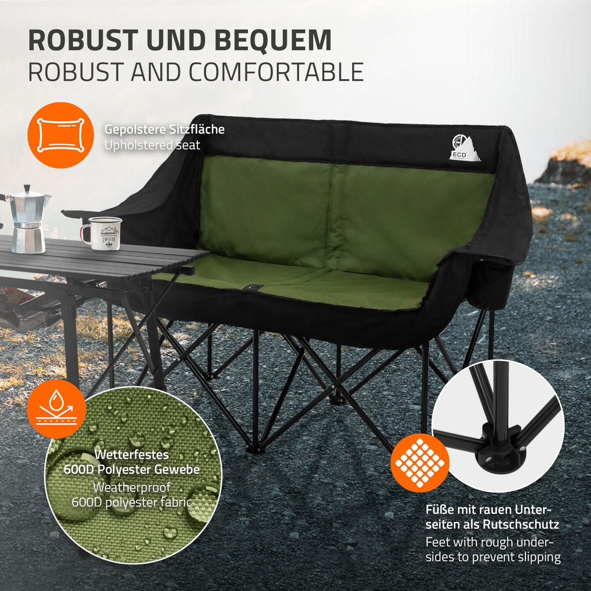 CAMPINGSTUHL 2-Sitzer Khaki faltbar mit Stahlgestell 54,5x145,92 cm - Grün, Textil (145/92/54.5cm) - ECD-Germany