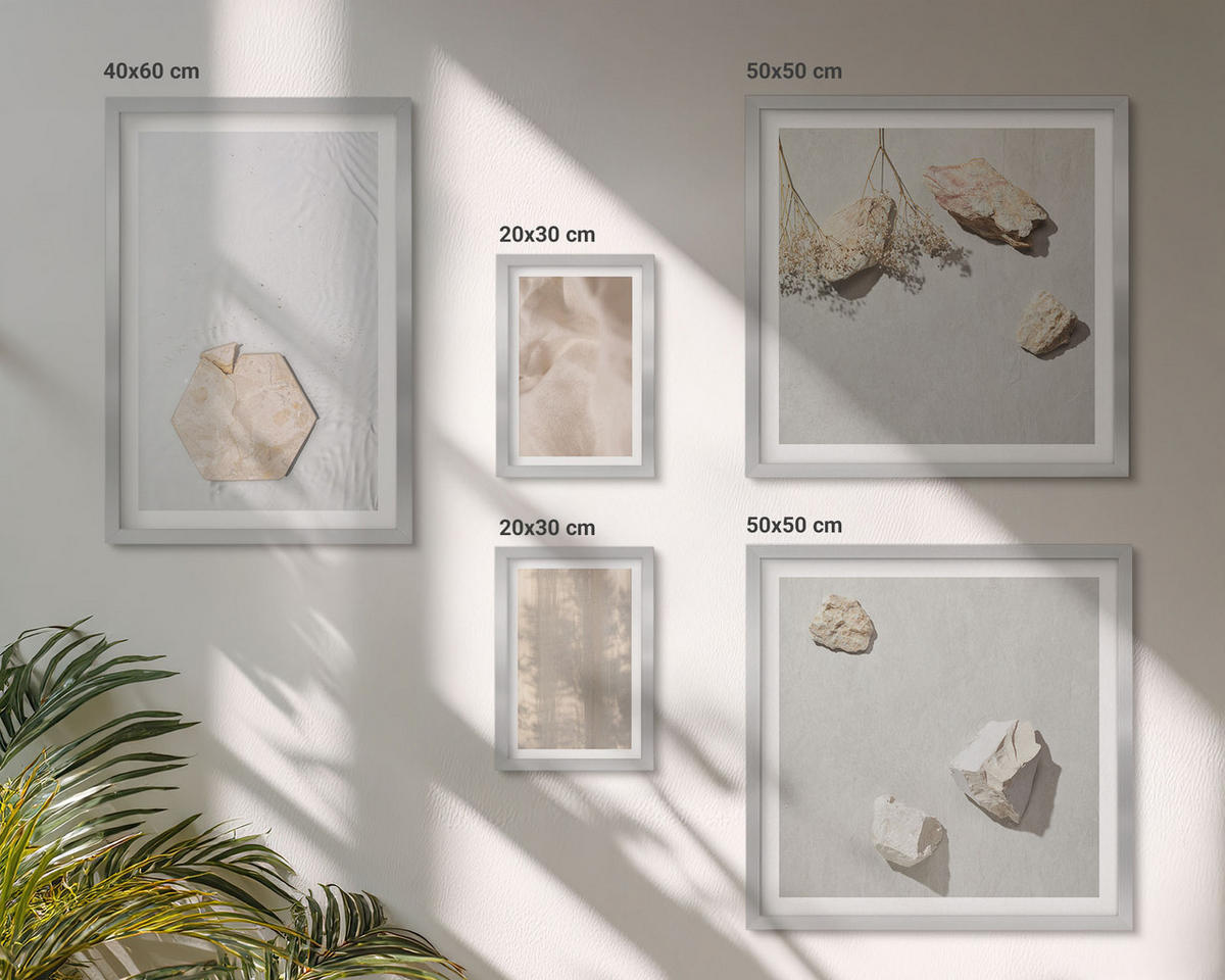 WANDBILDER 5er Set - 50x50 cm & 20x30 cm & 40x60 cm Silberner Rahmen - Dezente Boho-Naturtexturen - Silberfarben, Kunststoff (40/60cm) - ArtPrintCave