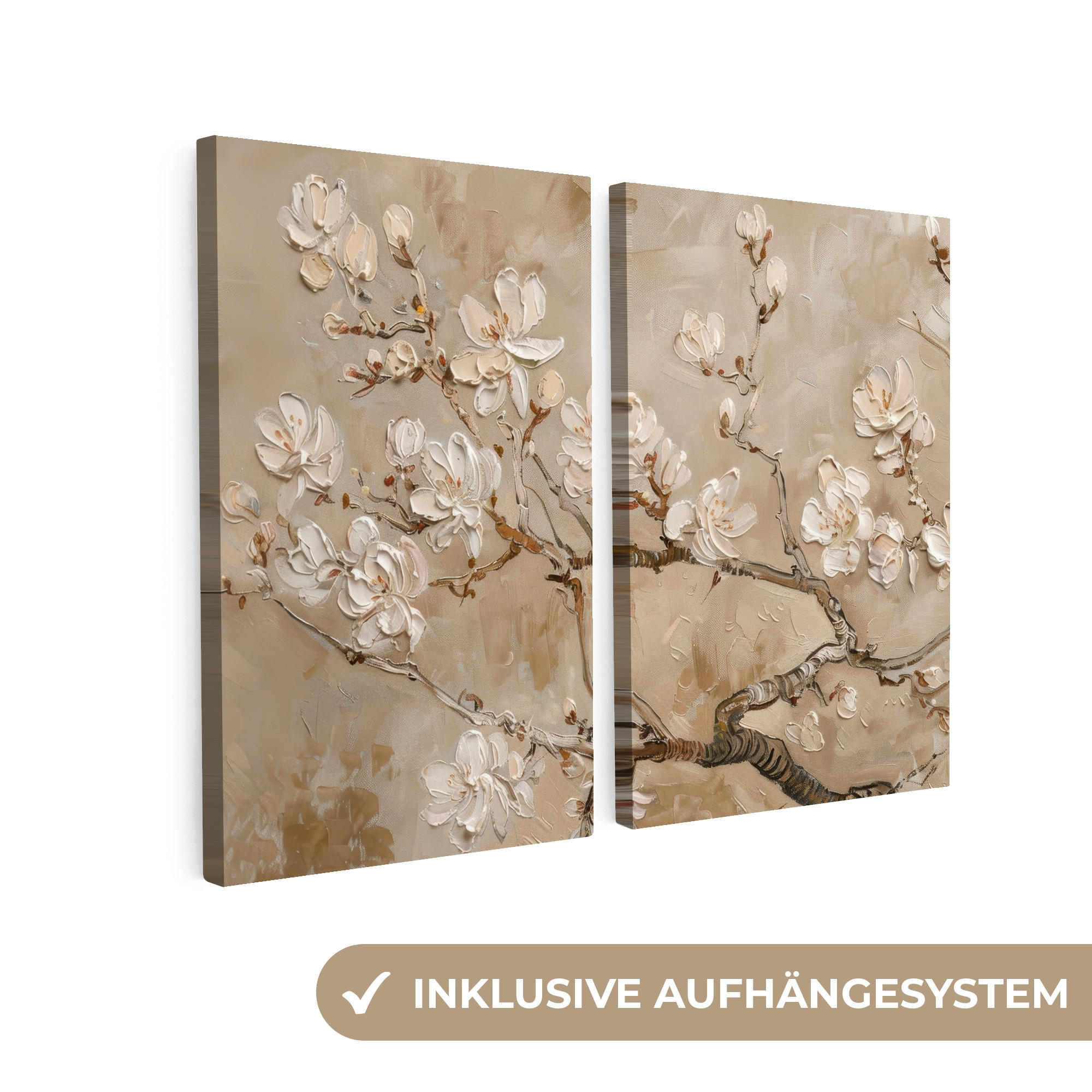 SLIKA NA PLATNU Set od 2 dijela Bademov cvijet 80x60 cm - sivo-bež, tekstil (80/60cm) - MuchoWow