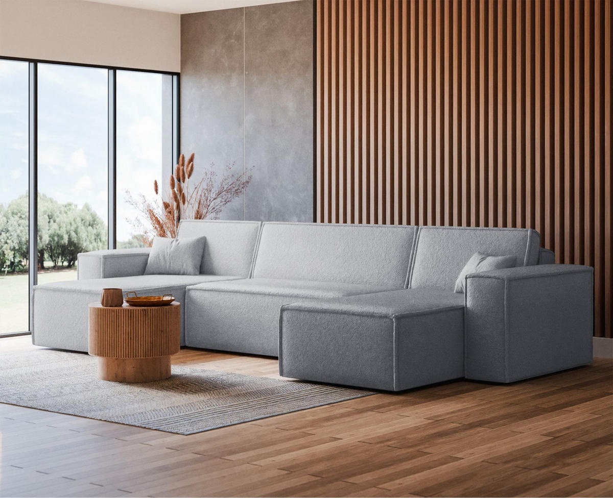 WOHNLANDSCHAFT Scarlo Hellgrau Bouclé-Bezug - Hellgrau/Schwarz, Kunststoff/Textil (312/83/145cm) - Selsey