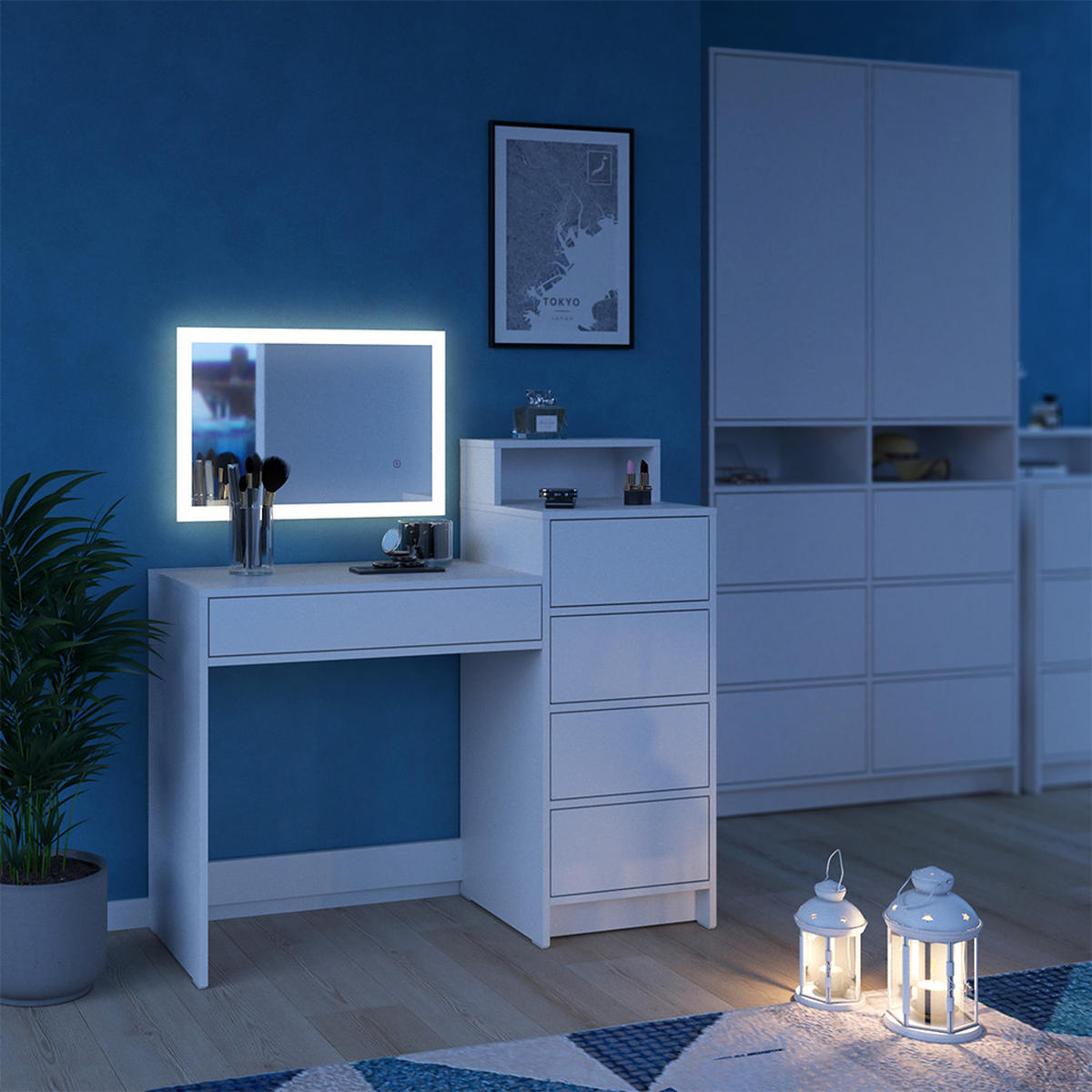 SCHMINKTISCH Naara Weiß 110.5 cm mit LED-Spiegel - Weiß, Holzwerkstoff (110.5/100.6/40.3cm) - Vicco