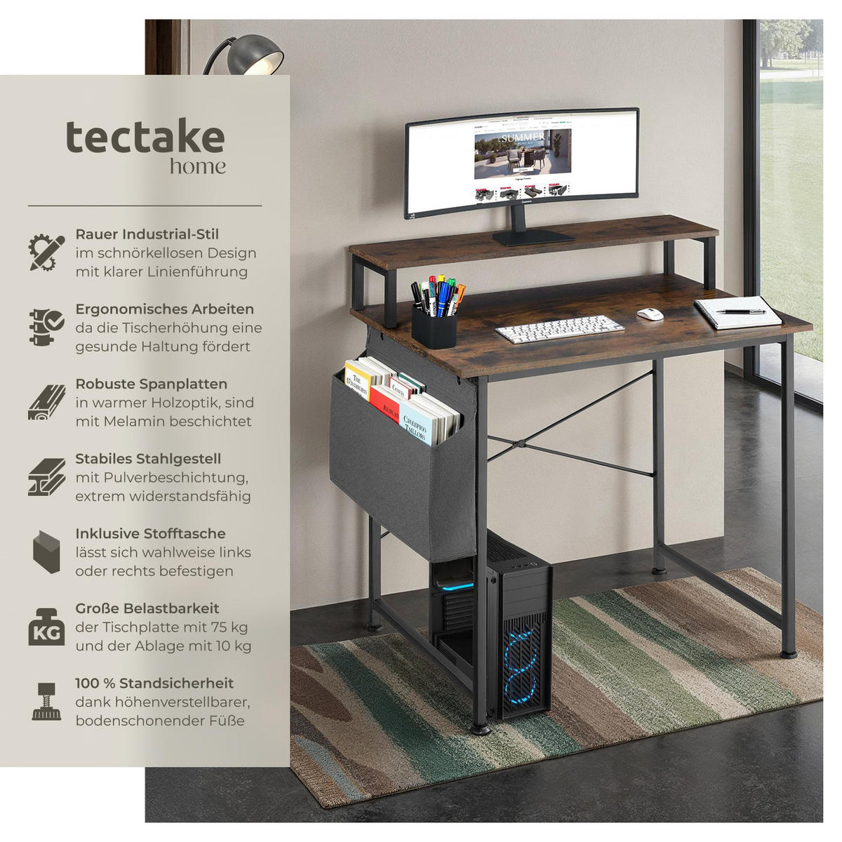 SCHREIBTISCH Everett, 80 x 55 x 90 cm, Industrial Holz dunkel, rustikal - Rostfarben, Holzwerkstoff (55/80/90cm) - tectake