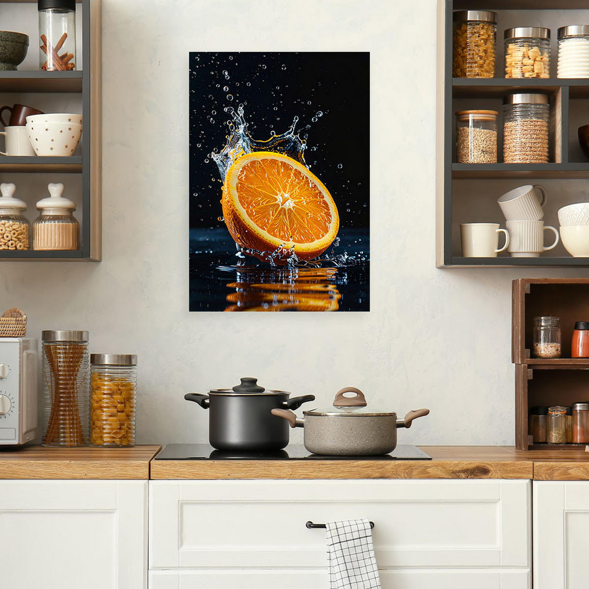 BILD auf Leinwand, Eine Orange fällt vor schwarzem Hintergrund ins Wasser - Orange, Textil (60/90cm) - Feeby