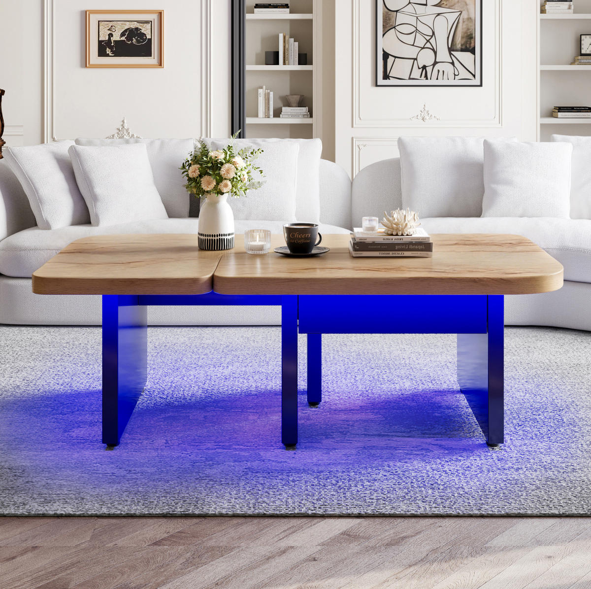 COUCHTISCH 90/60/44,5 cm mit LED-Beleuchtung, 2 Schubladen und 2-in-1-Design, Natur/Schwarz - Naturfarben, Holzwerkstoff (90/60/44.5cm) - Modfu