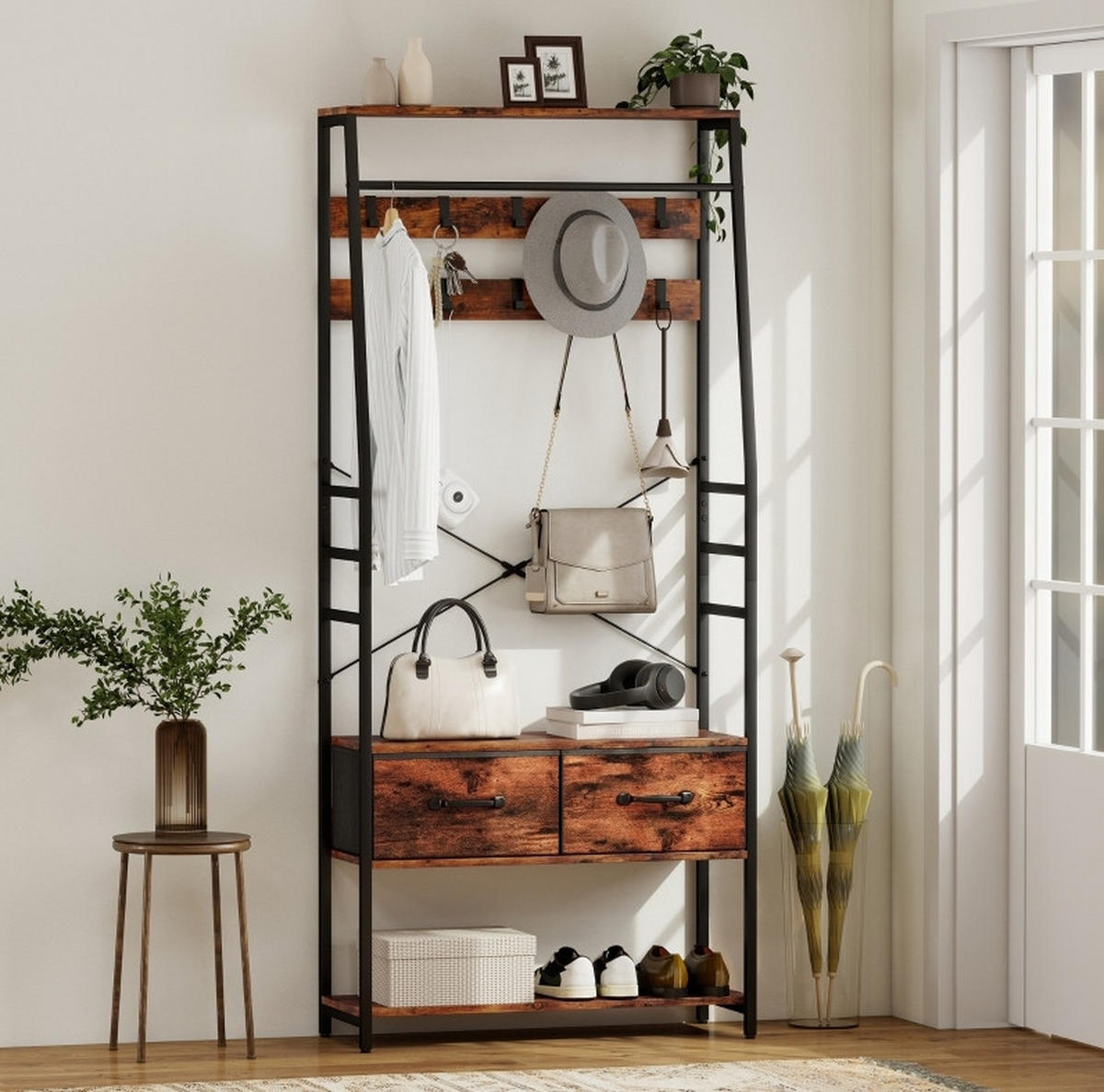 GARDEROBE mit Schuhbank 80 x 30 x 180 cm Holzoptik Braun 2 Stoffschubladen - Braun, Holzwerkstoff (30/180/80cm) - Beauniv