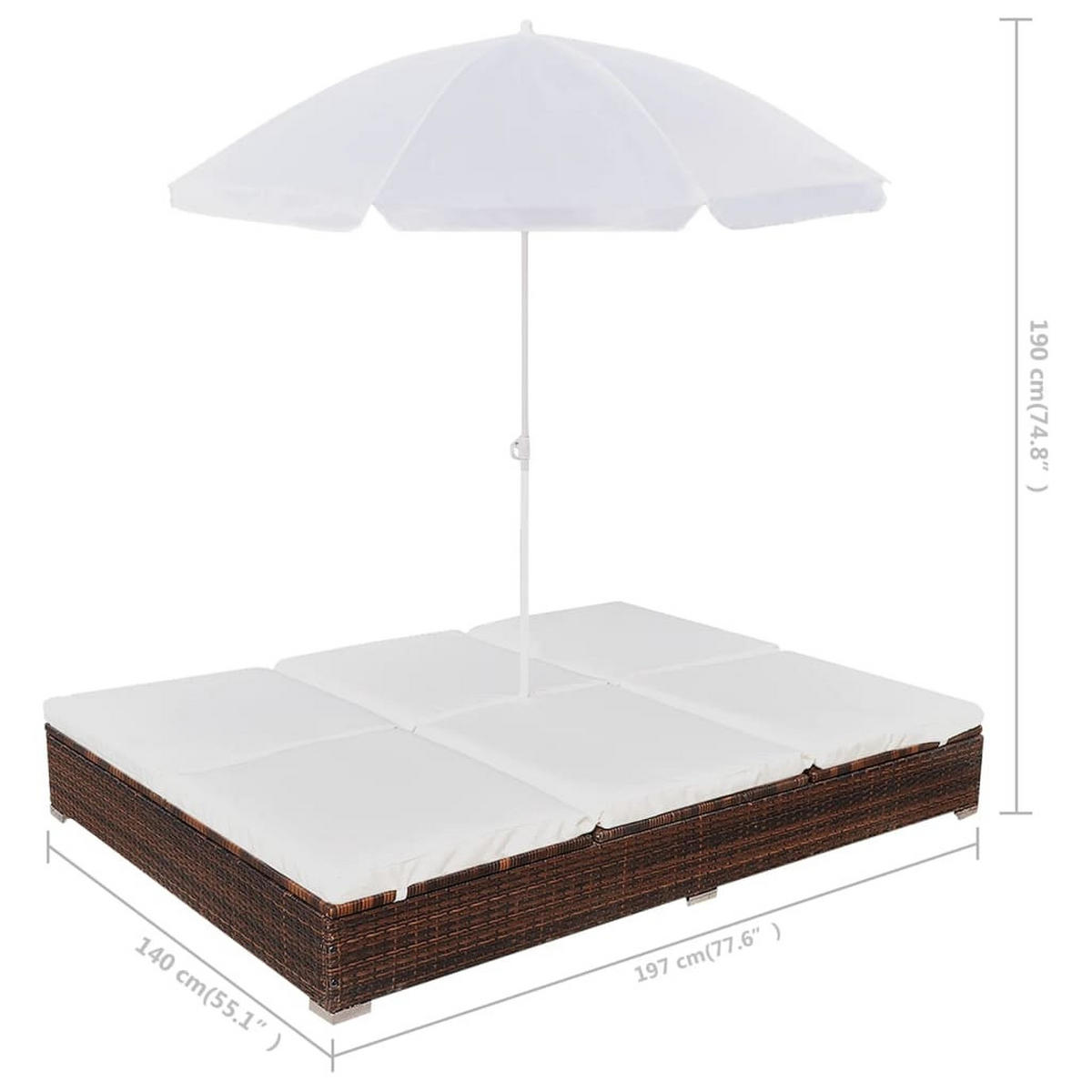OUTDOOR-LOUNGEBETT Mit Sonnenschirm Poly Rattan Braun - Creme/Braun, Kunststoff/Textil (140/190/197cm) - vidaXL