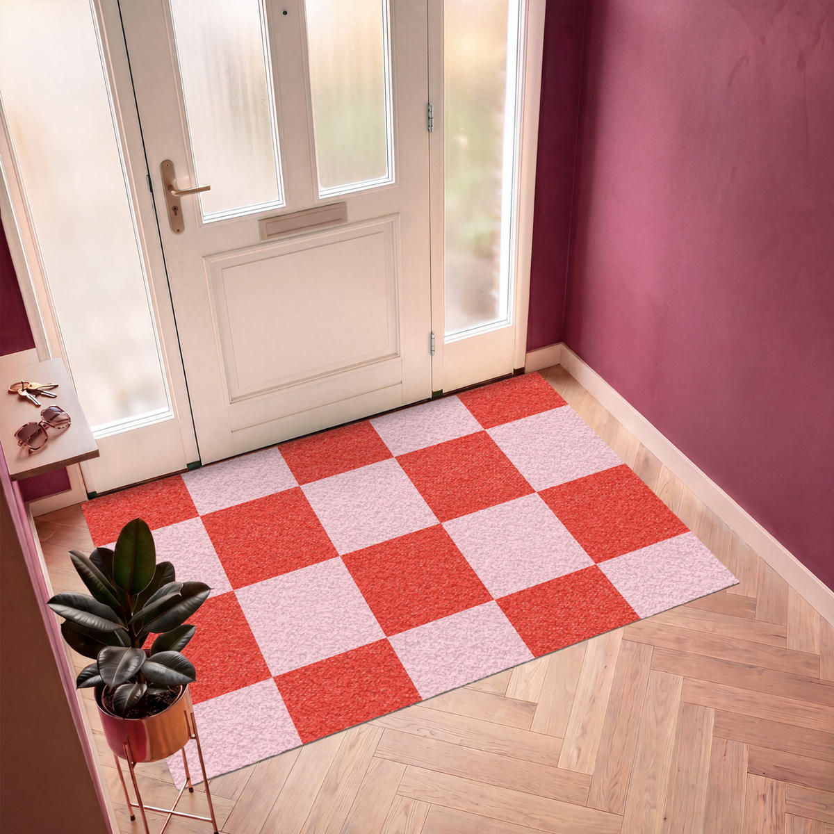 FUSSMATTE Schachbrettmuster - Rot - Rosa - Würfel Türmatte 180x120 cm - Rot, Kunststoff (180/120cm) - MuchoWow