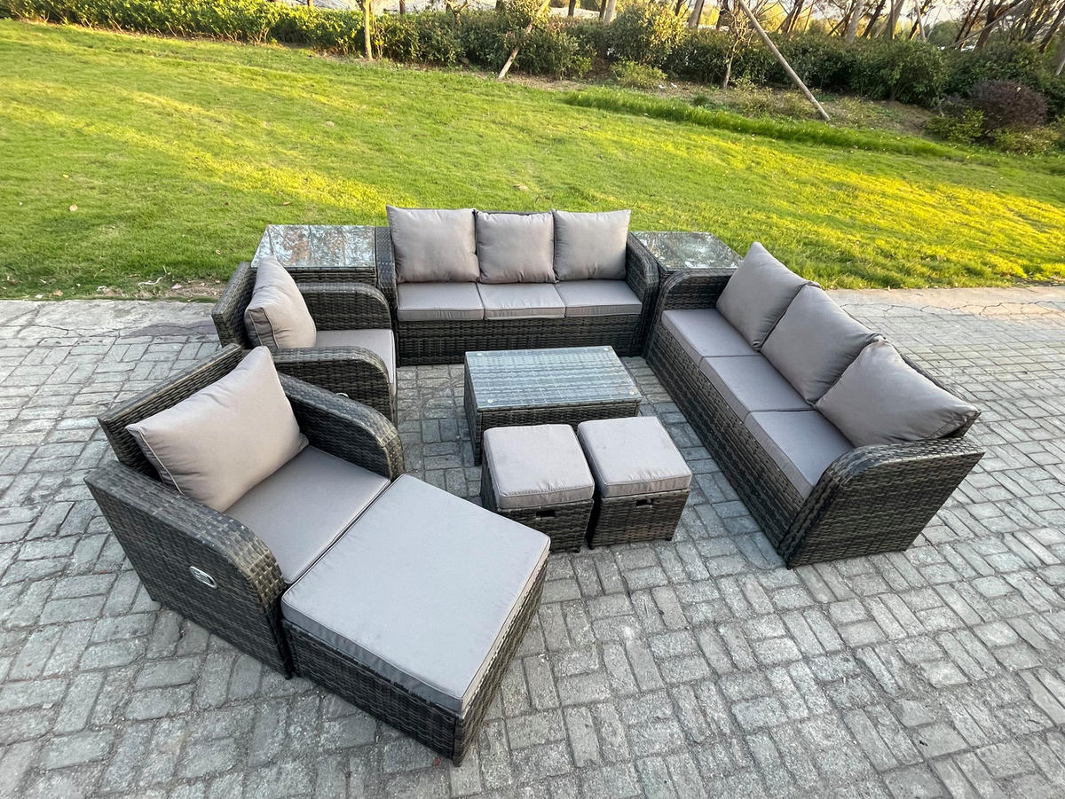 GARTENMÖBEL-SET mit Kissen Polyrattan Dunkelgrau 11-Sitzer - Dunkelgrau/Grau, Glas/Kunststoff - Fimous