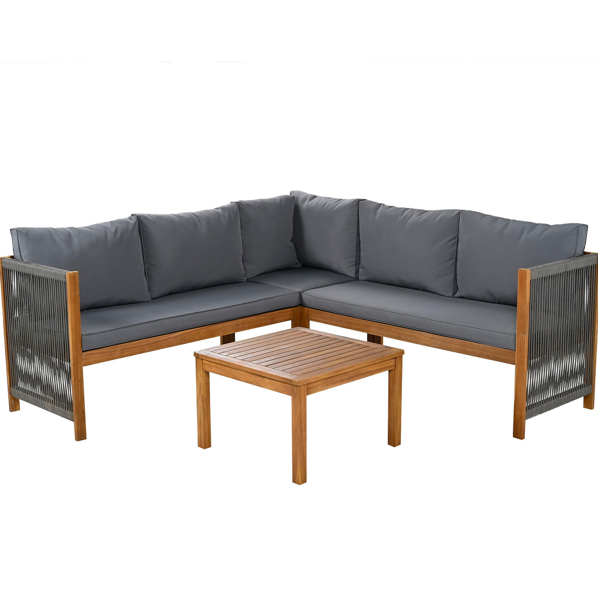 GARTENMÖBEL-SET mit Ecksofa und Couchtisch, Akazienholzrahmen mit Seilgeflecht, Grau - Grau, Textil - Redom
