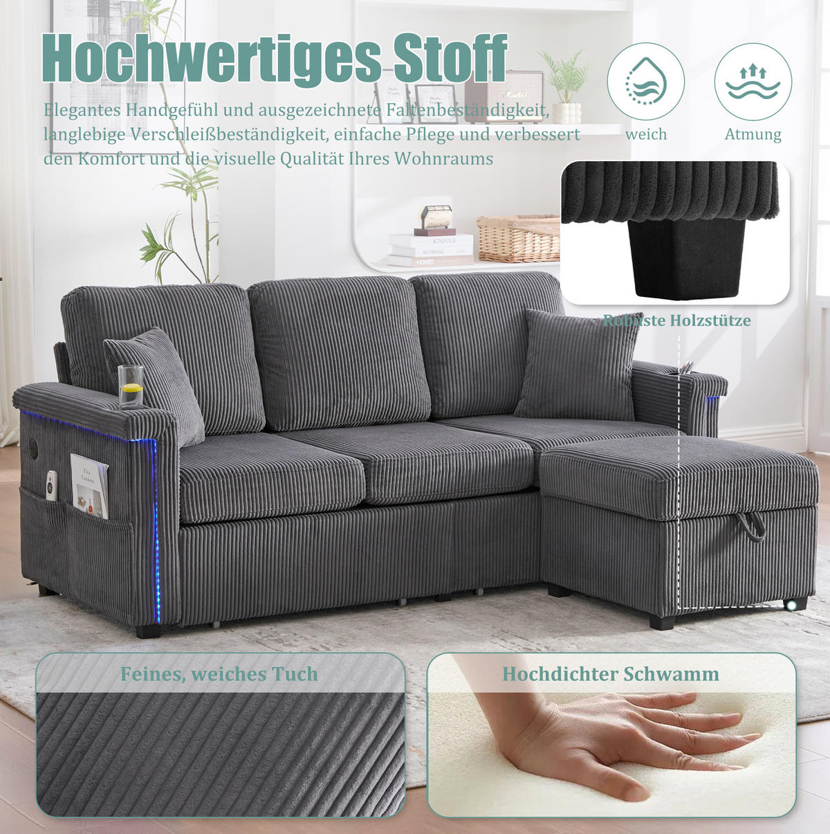 SOFA Corduroy mit LED und USB-Anschluss Stauraum 194/73/81 cm Dunkelgrau - Dunkelgrau, Textil (73/194cm) - Redom