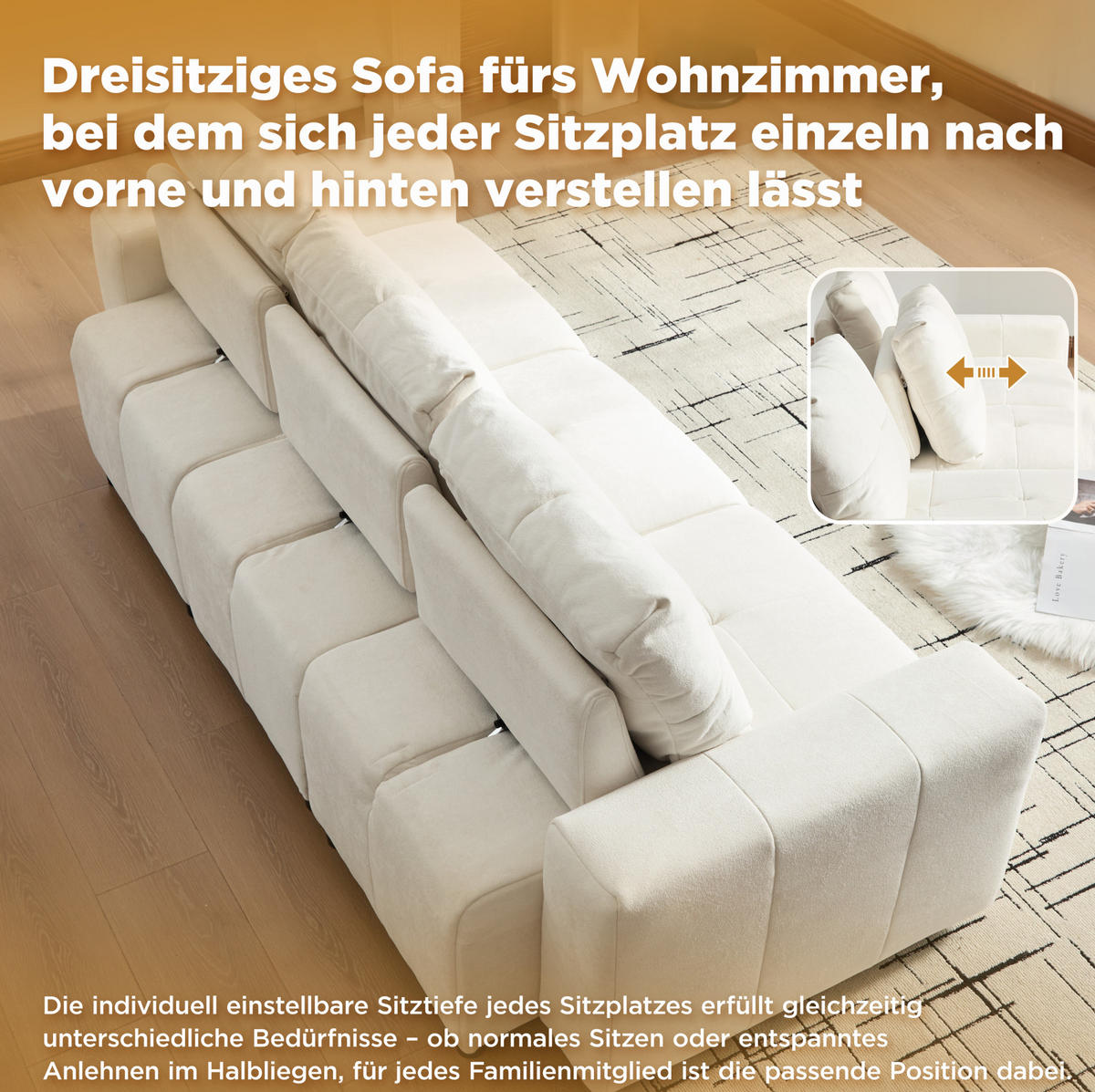 SCHLAFSOFA 213/94/84 cm mit verstellbarer Sitztiefe und Schlaffunktion, Chenille-Bezug, Beige-Weiß - Beige, Kunststoff (213/84/94cm) - Redom