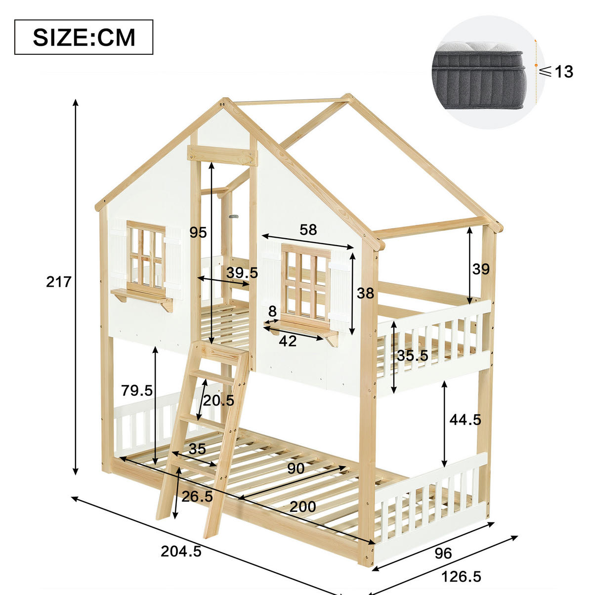 HAUSBETT 90/200 cm Weiß/Natur mit Dach, Fenstern und Sicherheitsgeländer - Weiß, Holzwerkstoff (90/200cm) - Flora Grace