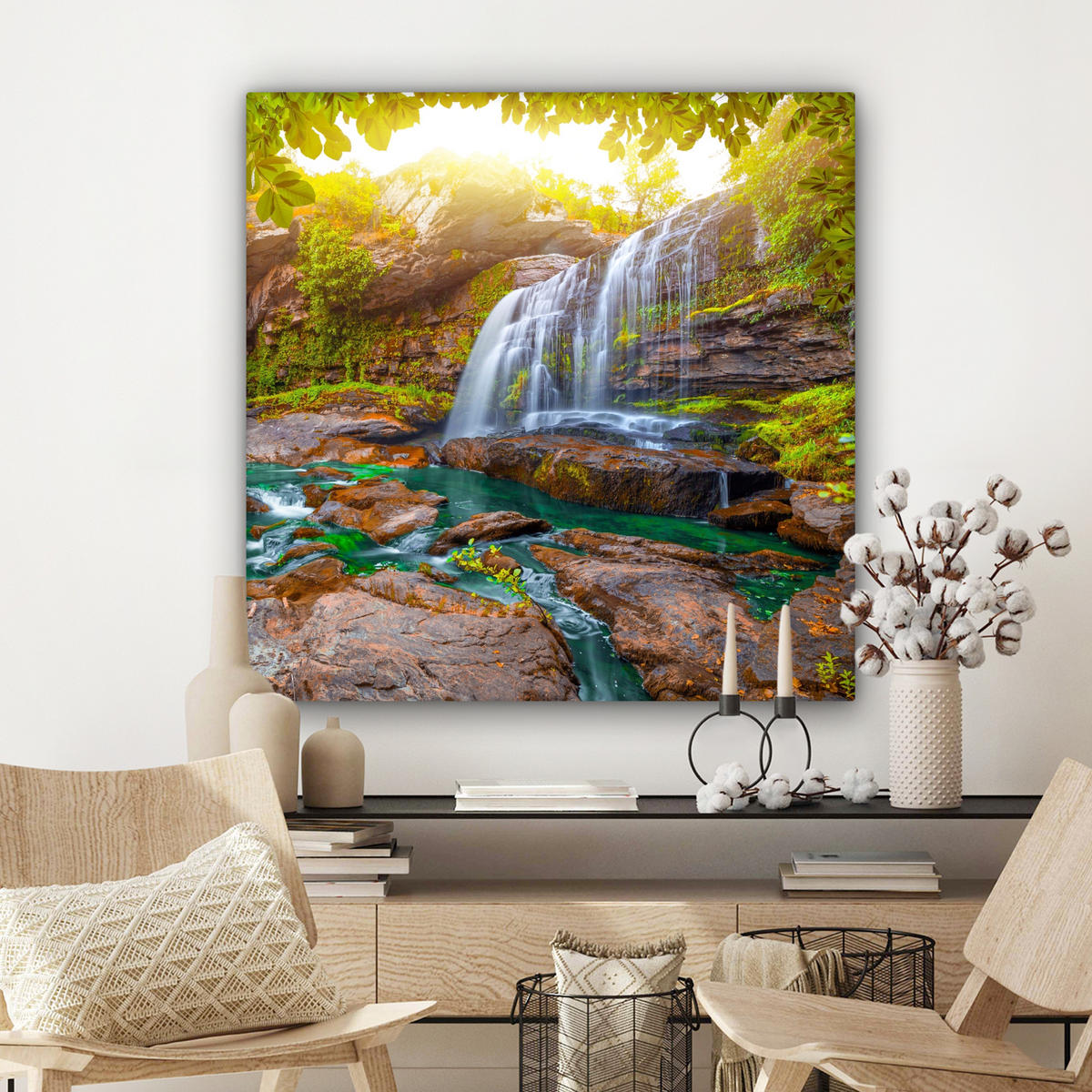 LEINWANDBILD Natur - Wasserfall - Pflanzen - Bäume - Sonne 90x90 cm - Olivgrün, Textil (90/90cm) - MuchoWow