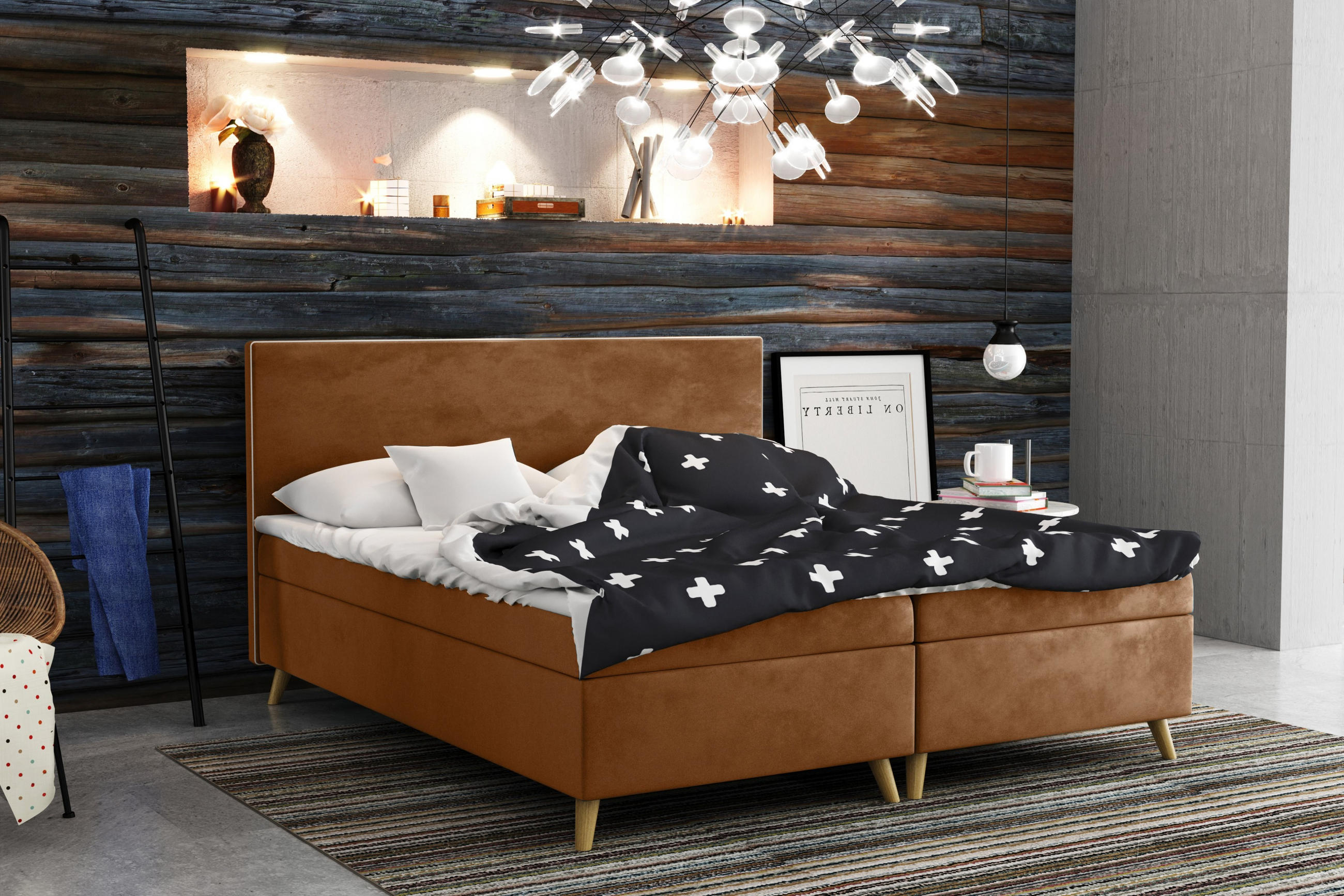 BOXBETT Mit Bettkasten Matratze + Topper BELLA Stoff Riviera Ceglas 180x200 cm H3-Bonell - Kupferfarben, Holz (180/200cm) - Kaiser Möbel